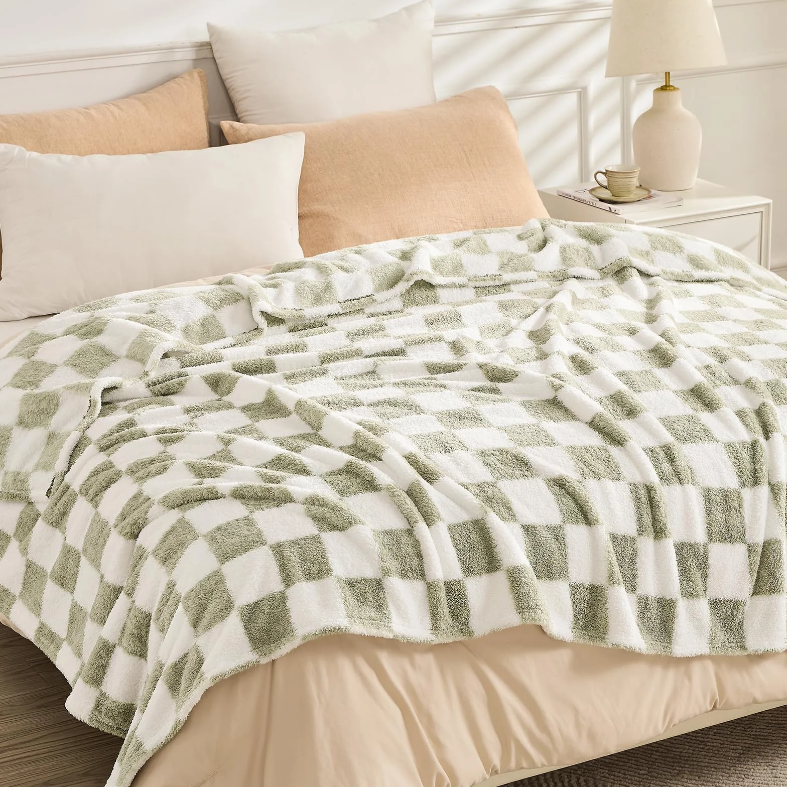 EMME Koc w kratę twin size 150 x 200 cm – zielony, miękki i puszysty koc dzianinowy z wzorem na kanapę, sofę, fotel, łóżko, do campingu, na piknik i w podróż