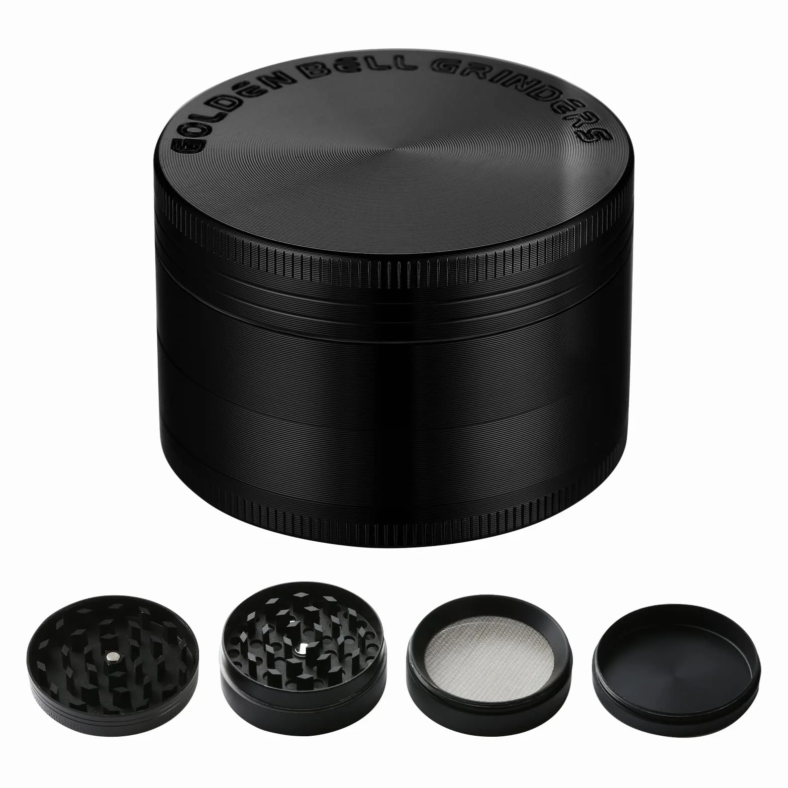 Golden Bell Grinder Crusher 4-częściowy zestaw młynków ze skrobakiem, pyłkami, ziołami, przyprawami, ziołami, młynkami do ziół, jako prezent dla ojca, przyjaciela, mężczyzny (czarny, 2 x 3,5 cm)