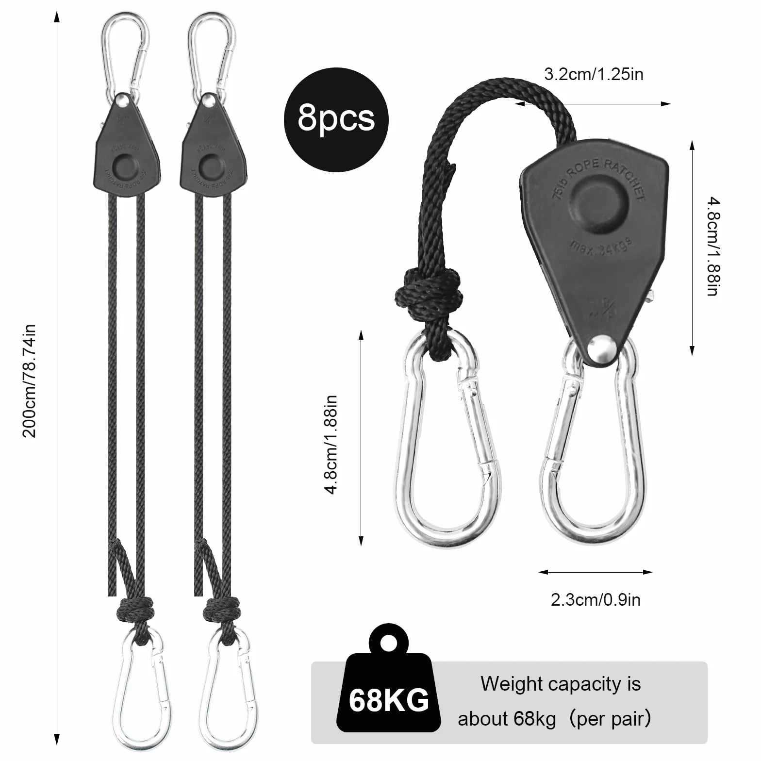 Zestaw 8 regulowanych wieszaków z zapadką, haków linowych z zapadką, długość 2 m, grubość 1/8", do namiotów, na kemping, do ogrodu i na użytek na świeżym powietrzu