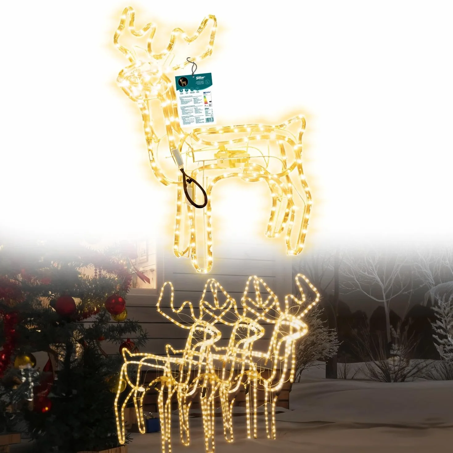 Sillar świecący renifer z obrotową główką 80cm, 216 diod LED, funkcja błysku, oświetlenie LED do użytku na zewnątrz i wewnątrz, figurka bożonarodzeniowa, dekoracja świąteczna, ogrodowa, ciepła biel