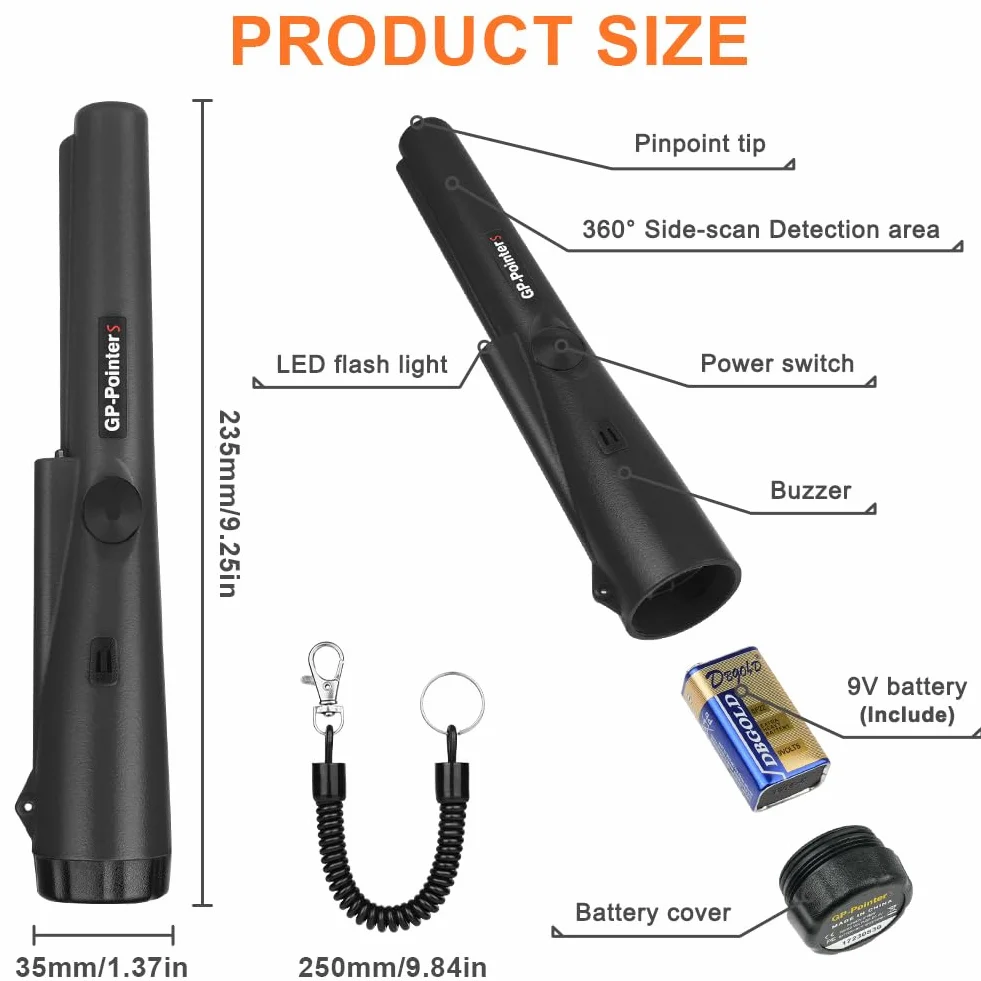 Flintronic Pinpointer, wykrywacz metalu, przenośny wykrywacz metali 360°, pinpointer, wodoodporny, ręczny wskaźnik pinpointer, z diodami LED i kaburą, narzędzie do wykrywania metali do lokalizowania