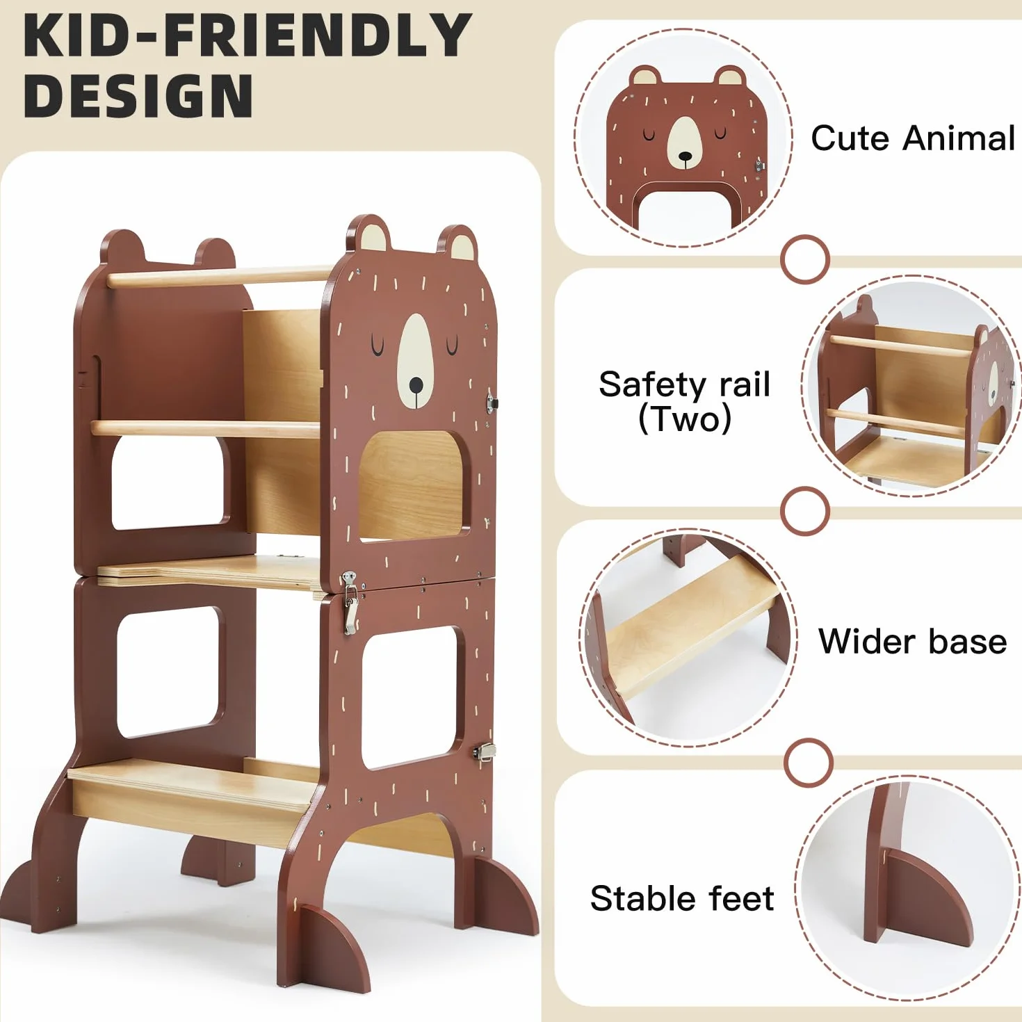 labebe Montessori Learning Tower, składana wieża edukacyjna dla dzieci, 2 w 1, z tablicami informacyjnymi, od 1 roku życia, brązowy niedźwiedź