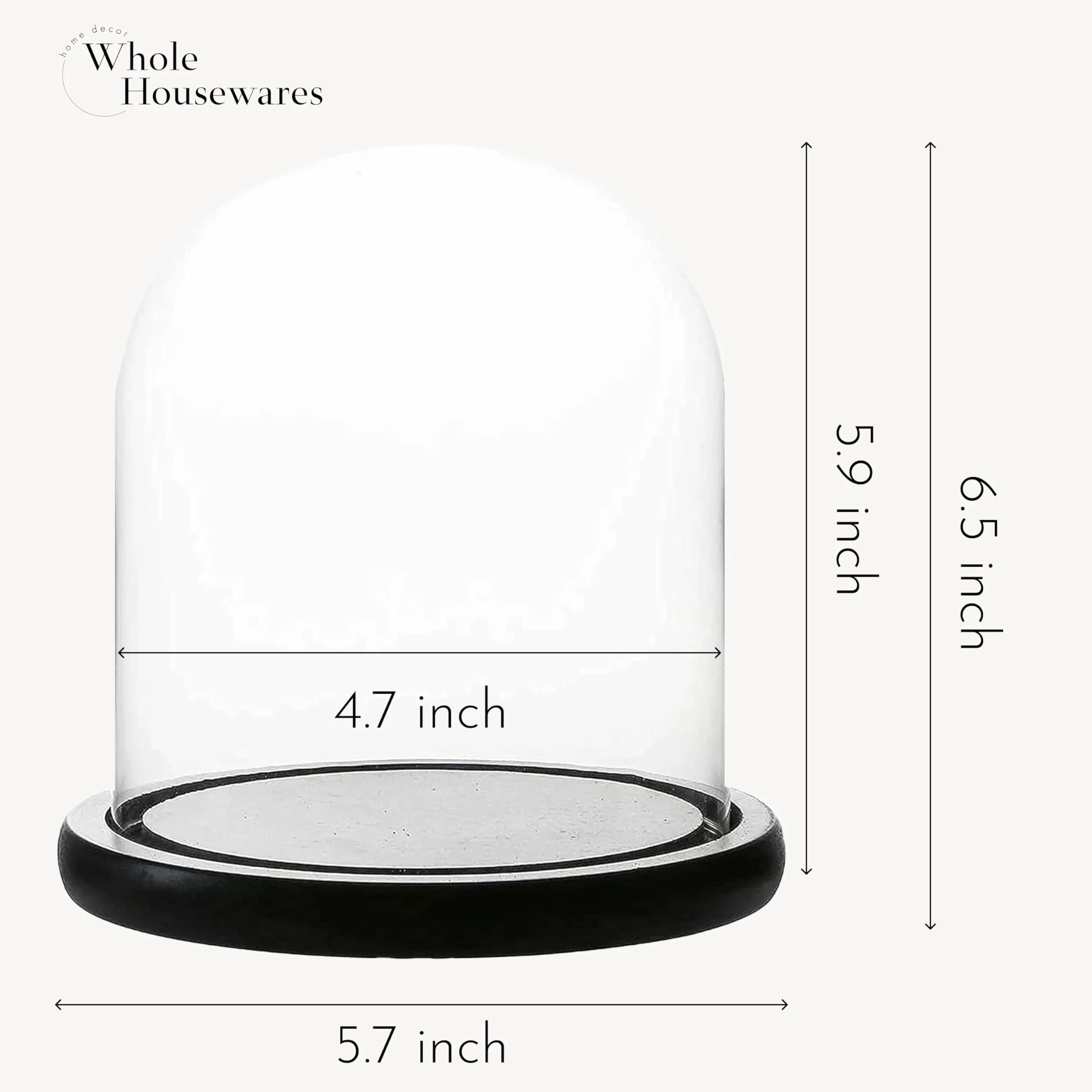 WHOLE HOUSEWARES Dekoracyjna szklana kopuła, centralny element stołowy, witryna na słoik na Cloche Bell | czarna podstawa MDF, 14,5 cm gł. x 16,5 cm wysokości, przezroczysta, wysokość 15 cm