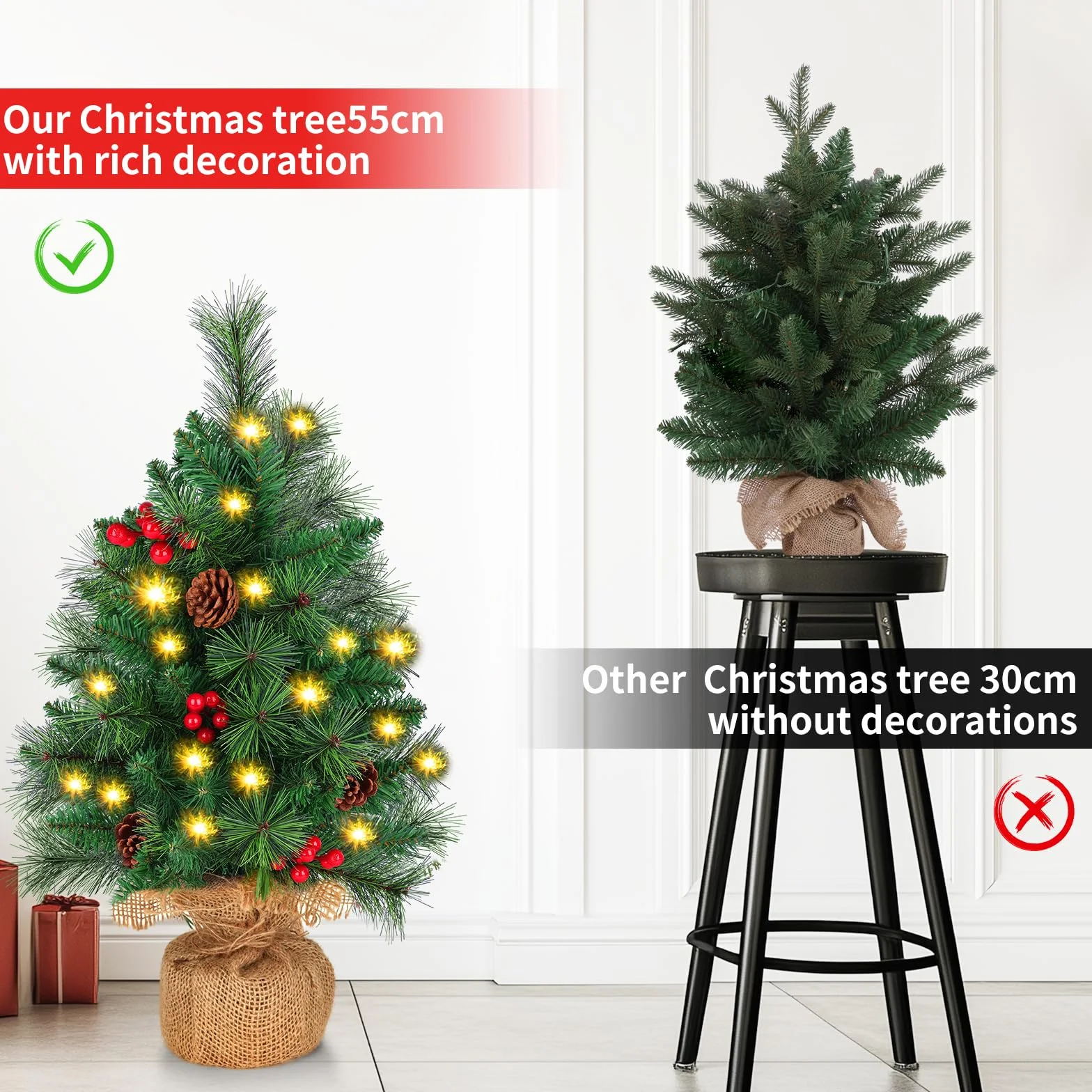 Choinka z oświetleniem, mała choinka: 55 cm, mini stół, choinka z oświetleniem LED 2 m, sztuczna dekoracja bożonarodzeniowa, zielona choinka na stół, do biura, na zewnątrz