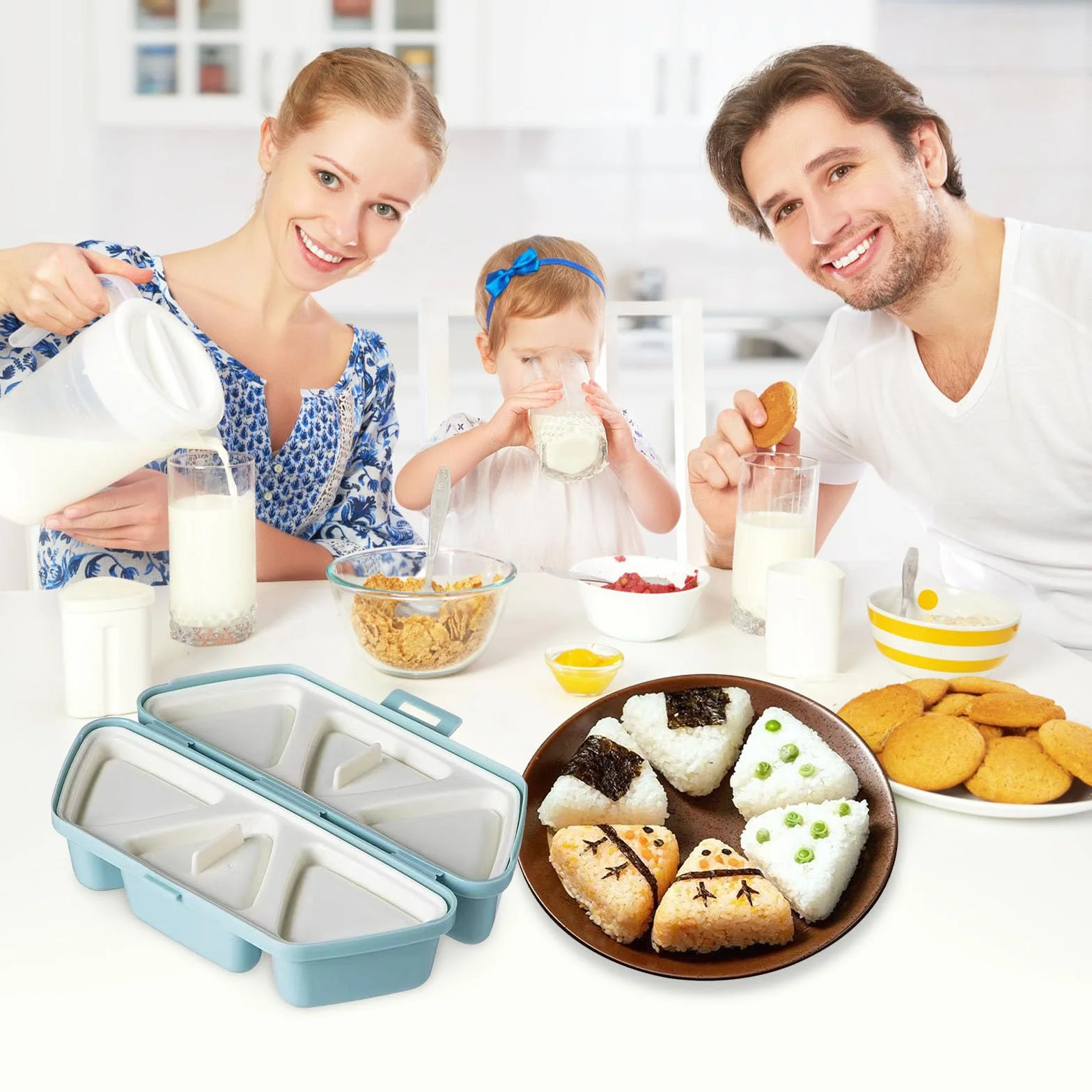 Forma onigiri, 6 w 1 Trójkątne formy onigiri do sushi, składana forma DIY na ryżowe kulki, łatwa do transportu, Nadaje się do wyrobu miseczek do serwowania algowych ryżowych kul i sushi (Niebieski)