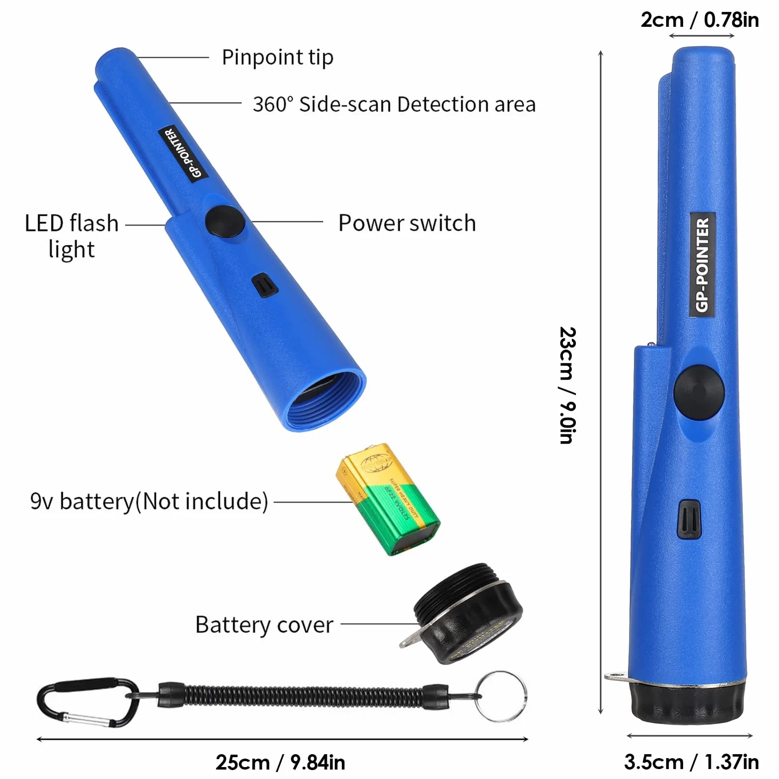 Diealles Shine® Wykrywacz metalu Pinpointer, wodoszczelny, przenośny wykrywacz metalu z wbudowanym wskaźnikiem LED, skan 360°, wykrywacz metalu do złotej monety, Hunt, biżuterii, Niebieski