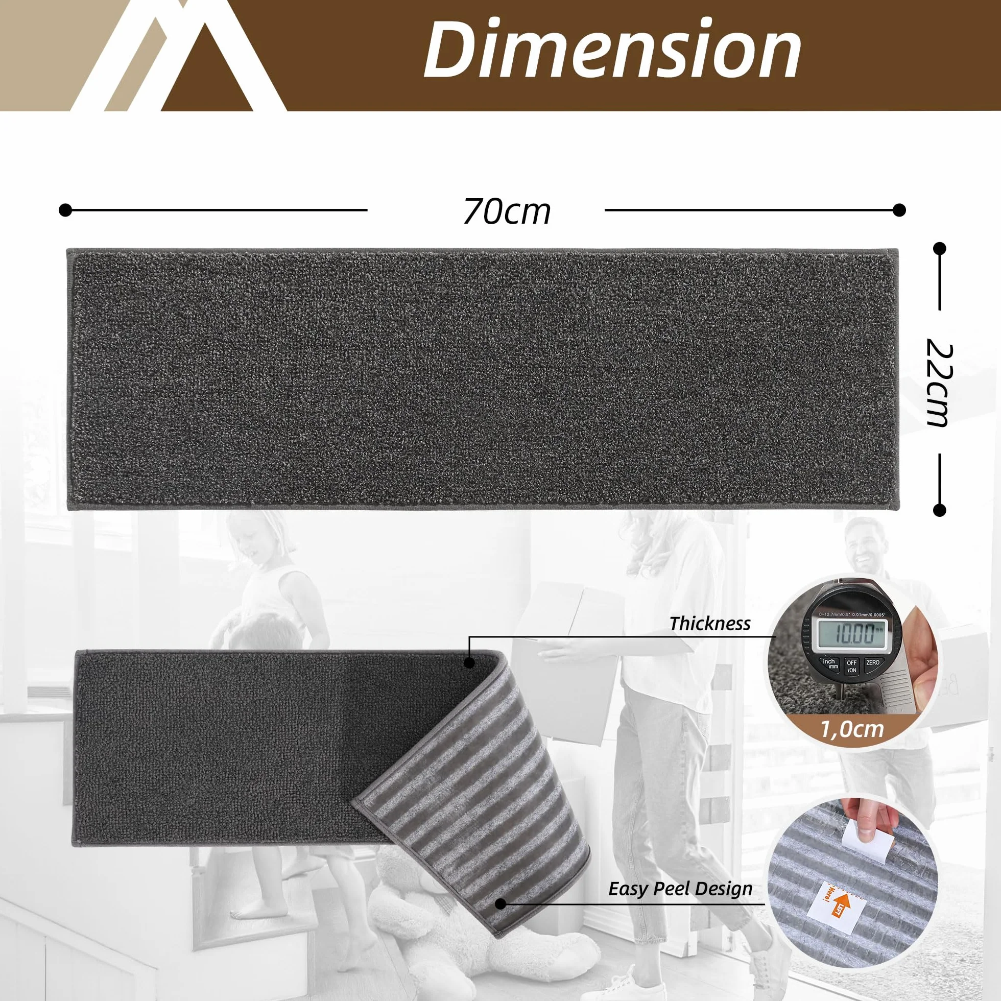 COSY HOMEER 15 sztuk matek na stopnie schodów 70x22 cm, półokrągłe maty na schody samoprzylepne, nadające się do prania w pralce, 100% poliester, odwrotna strona z TPE, idealne dla dzieci, seniorów i