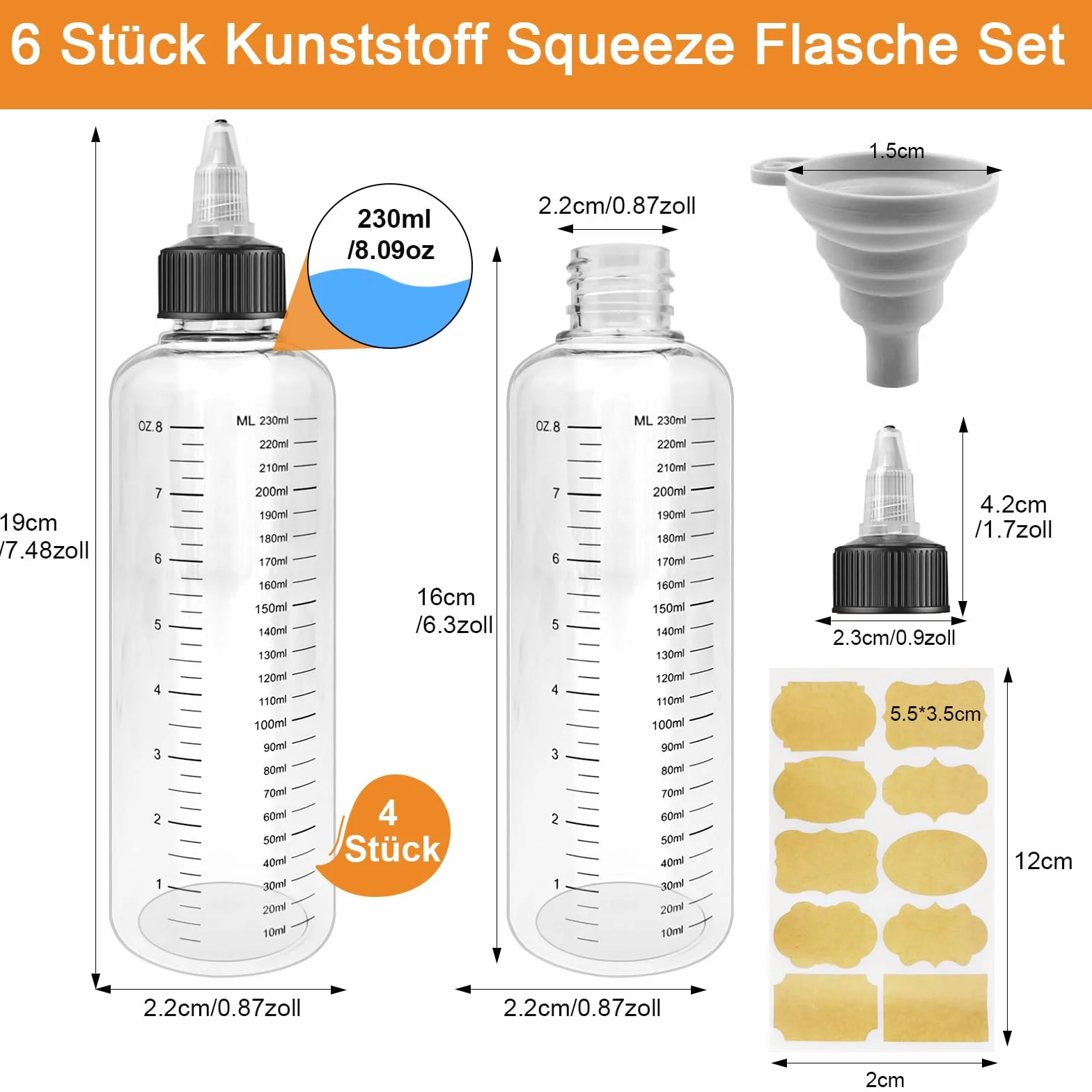 Realure 4 butelki do wyciskania 250 ml, przezroczyste butelki do wyciskania ze skalą, z tworzywa sztucznego, butelki dozujące z zakrętką z lejkiem, uniwersalne butelki na sosy, do płynnych przypraw