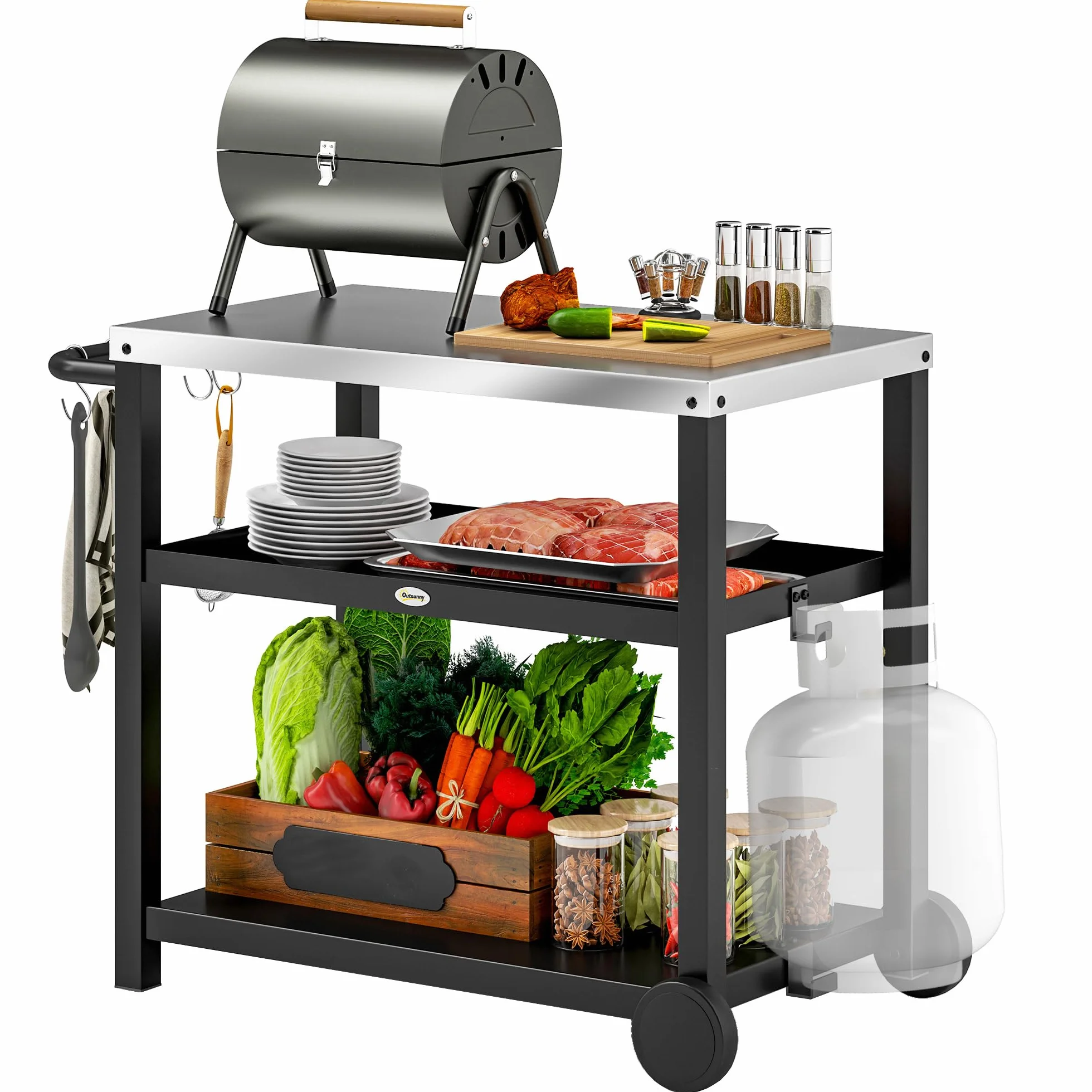 Outsunny Grill na kółkach, 3-poziomowy, wózek do serwowania z powierzchnią roboczą, półkami, hakami, kółkami, stal nierdzewna, stolik do grilla, stolik pomocniczy, wózek na kółkach do użytku na