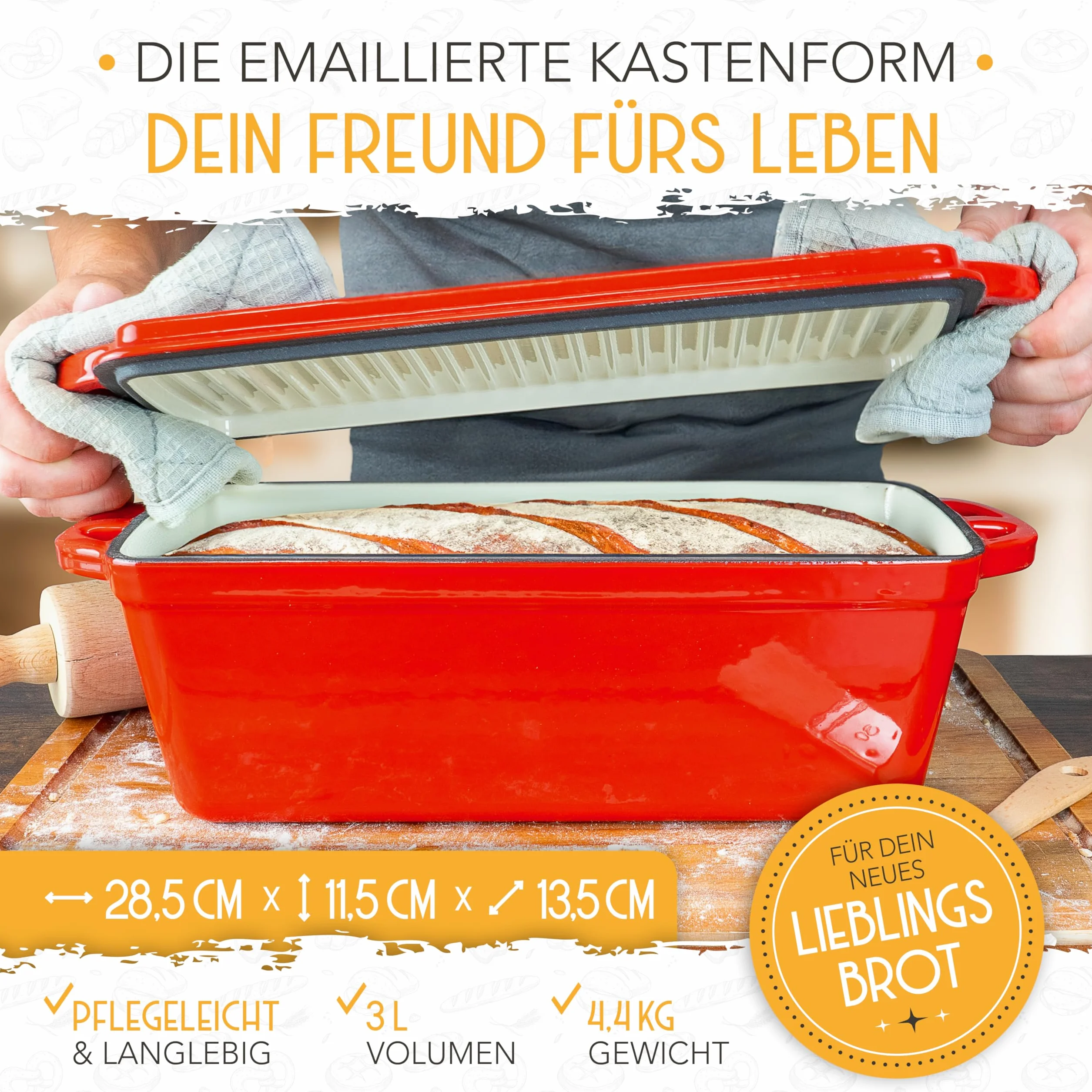 KRUSTENZAUBER Emaliowana forma do pieczenia chleba z pokrywką wraz z koszem zabezpieczającym – wytrzymała blacha żeliwna 28 cm