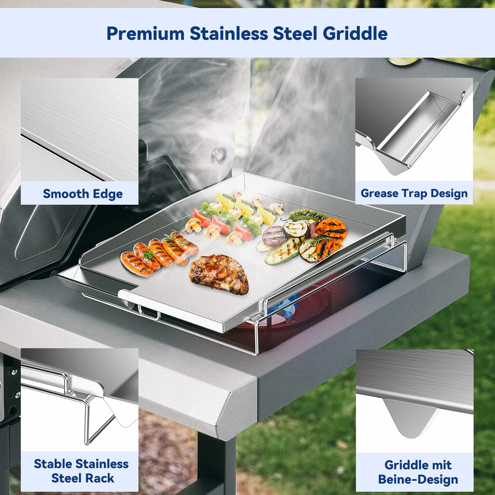 Onlyfire Płyta grillowa ze stali nierdzewnej, BBQ płyta grillowa, 36,8 x 25,4 x 2,8 cm, z wyjmowaną ramą ze stali nierdzewnej, Uniwersalna pasuje do grilla gazowego, grilla na