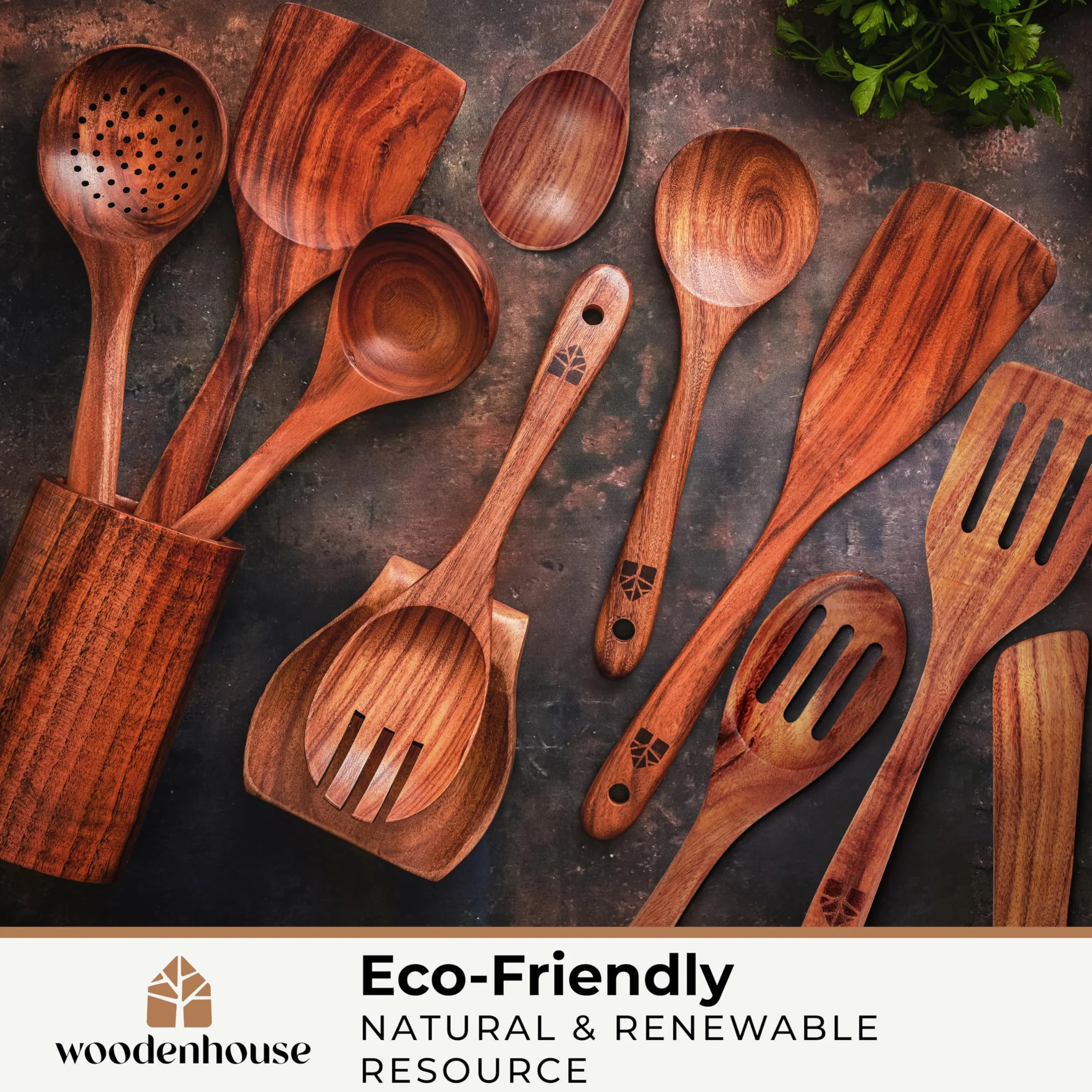 Teak Wooden Spoons for Cooking Set with Holder - 12pcs Nonstick Kitchen Utensils by Woodenhouse