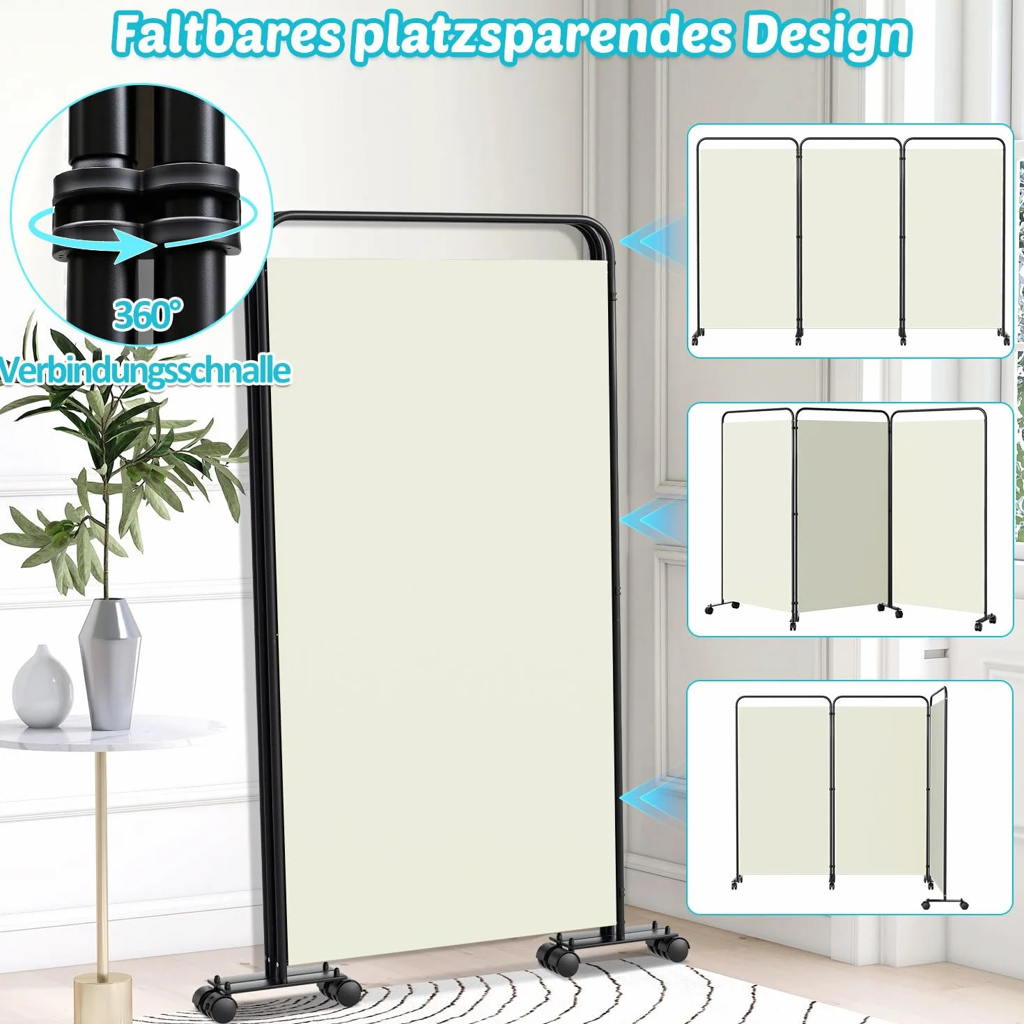 Parawan działowy, składany, wolnostojąca, ścianka działowa na kółkach, ochrona przed wzrokiem, 3-częściowa ścianka działowa 263 x 180 cm, wolnostojąca ścianka działowa do biura, sypialni