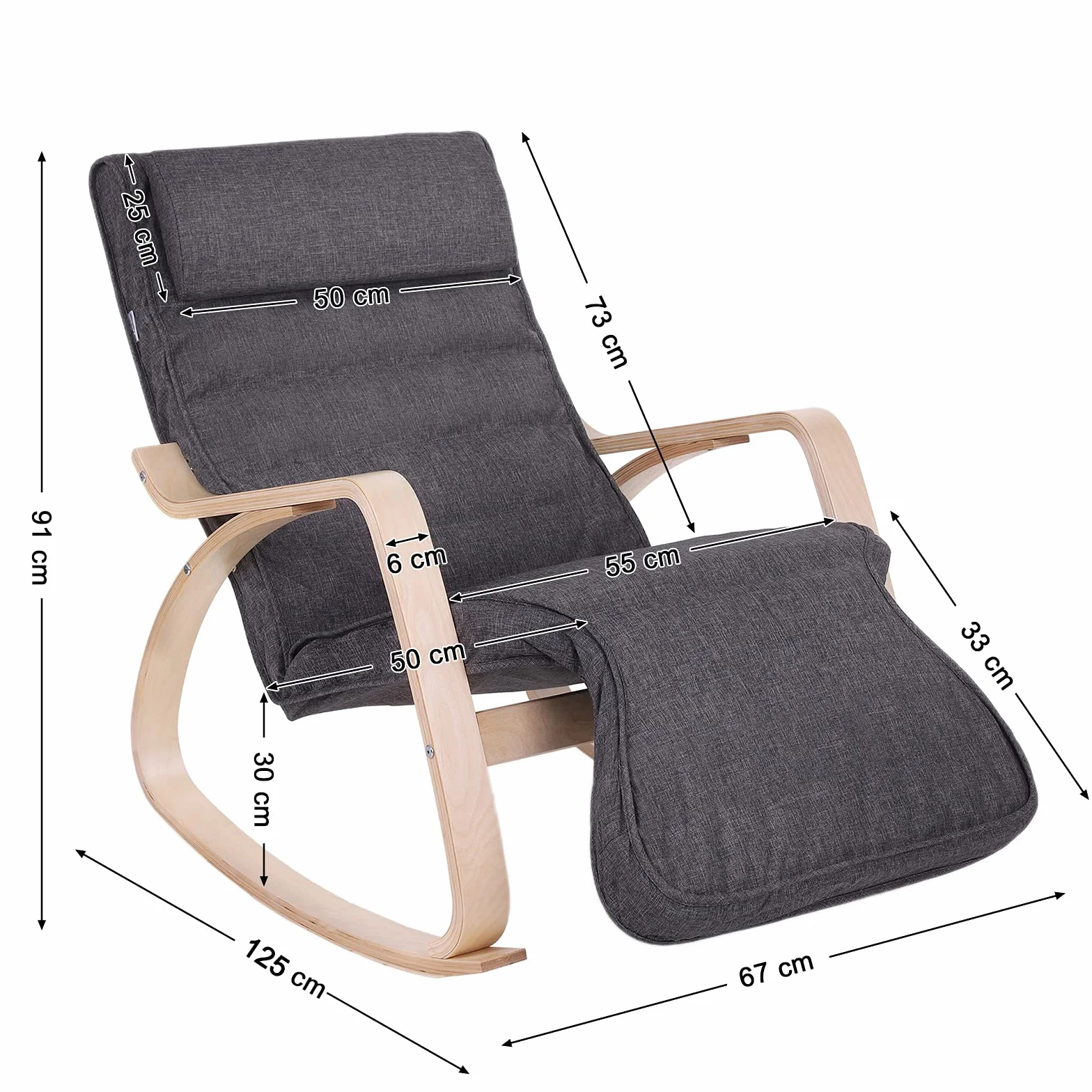 SONGMICS LYY42GYZ Fotel bujany, z 5-stopniową regulacją podnóżka, fotel relaksacyjny, obciążenie 150 kg, stelaż z drewna brzozowego, obicie z imitacji lnu, ciemnoszary
