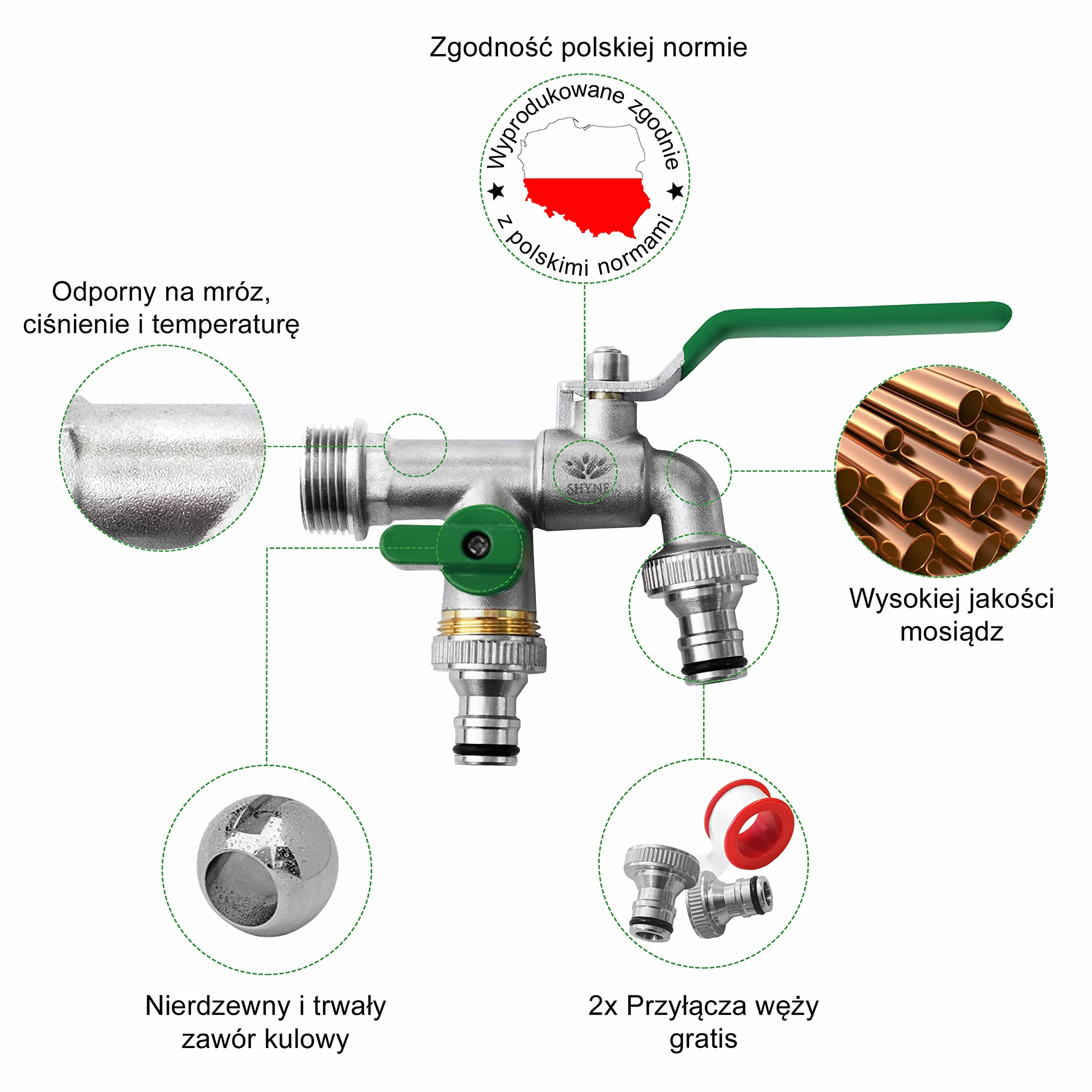 SHYNE Premium 3/4 cala podwójny kran wykonany z mosiądzu nierdzewnej + 2X darmowe połączenia wężowe + Ebook | do ogrodu, pralka, beczka deszczowa