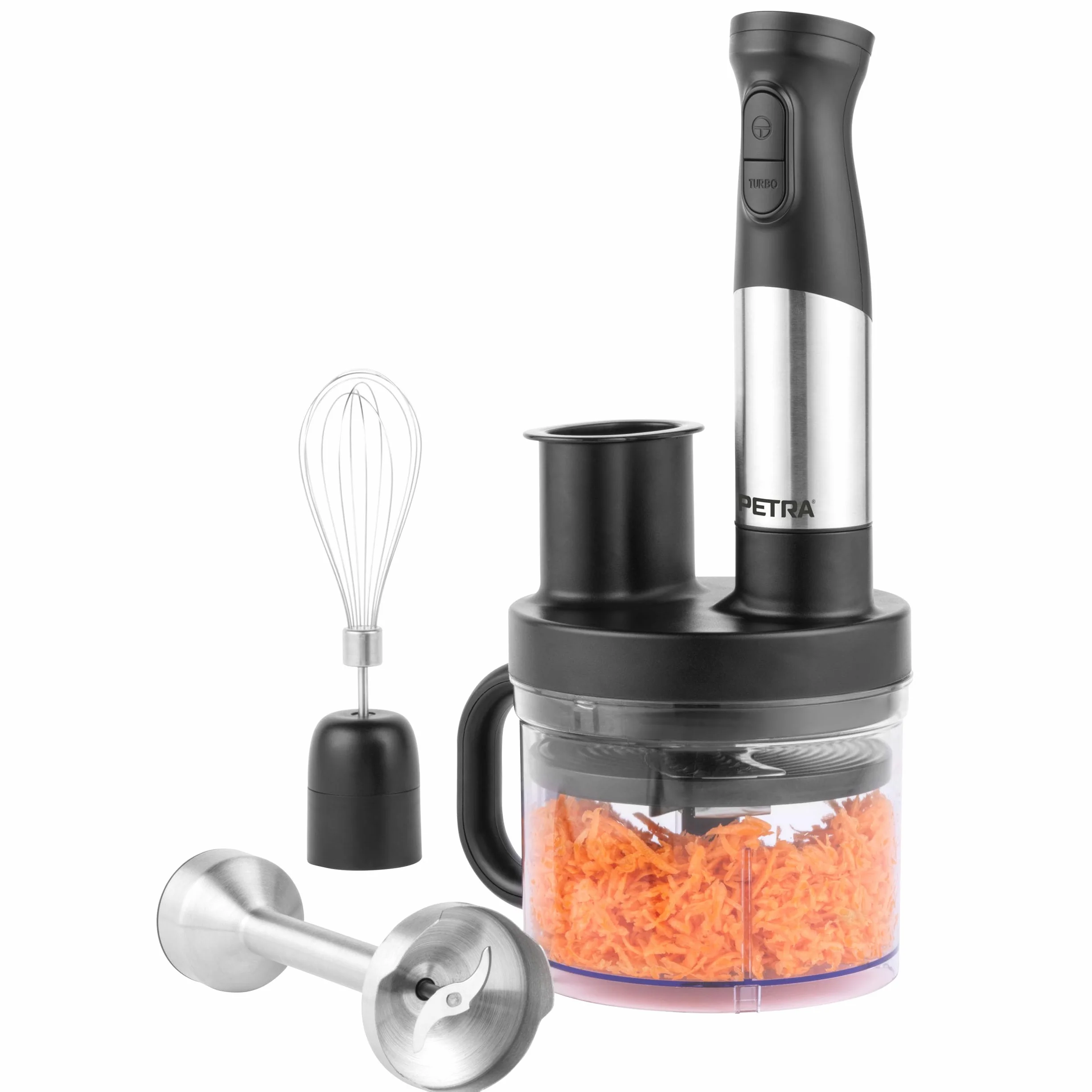 Petra PT5877VDE Blender 5-w-1 Kompaktowy Rozdrabniacz, Blender Zanurzeniowy, Ubijaj, Blenduj, Siekaj, Krój i Szatkuj, Miska 1,2 L bez Bisfenolu A, 2 Prędkości, Ostrza ze Stali Nierdzewnej