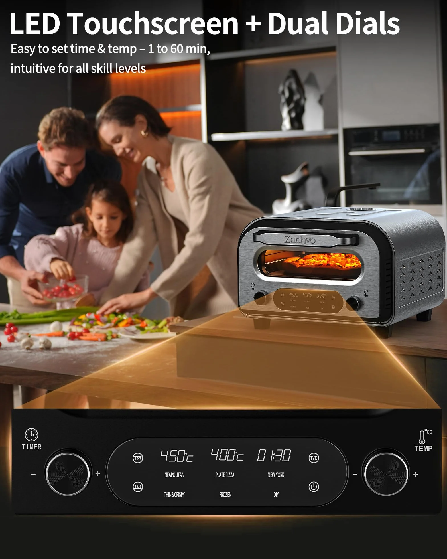 Elektryczny piekarnik do pizzy - do 450 ℃, 5 wstępnie ustawionych rodzajów pizzy, ekran dotykowy i obrotowe pokrętła, 1-60 minut timer, korpus ze stali nierdzewnej, do pizzy 32 cm