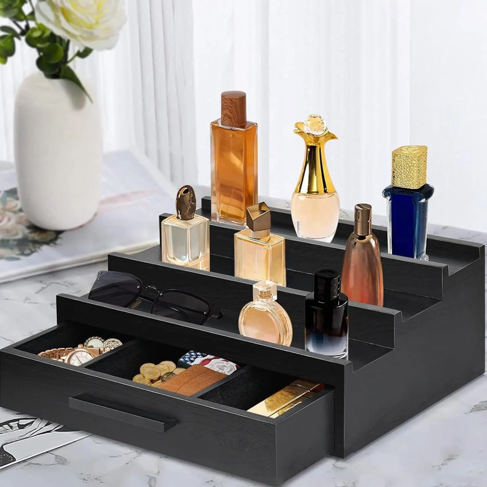 Czarny organizer na perfumy, drewniana taca na perfumy, stojak na perfumy, męski stojak na perfumy, stylowy organizer do komody, elegancka taca z czarnym wykończeniem, wielofunkcyjna taca na perfumy,