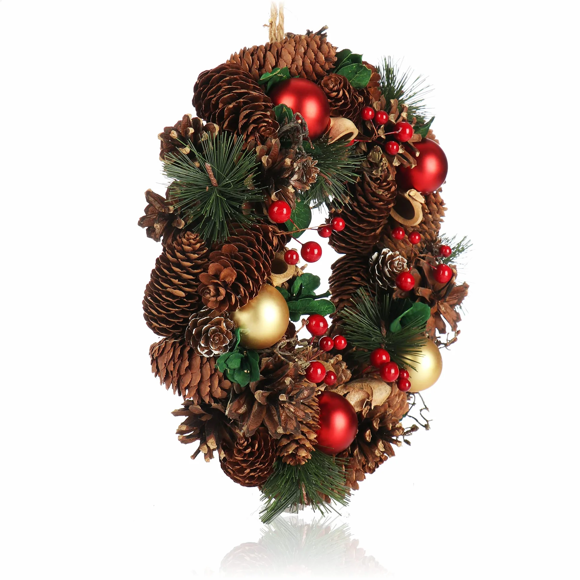 COM-FOUR® Wieniec swiateczny na drzwi - Wieniec adwentowy z szyszkami i bombkami choinkowymi - Wieniec dekoracyjny Ø ok. 30 cm - Dekoracja swiateczna (kulki zlote + czerwone)