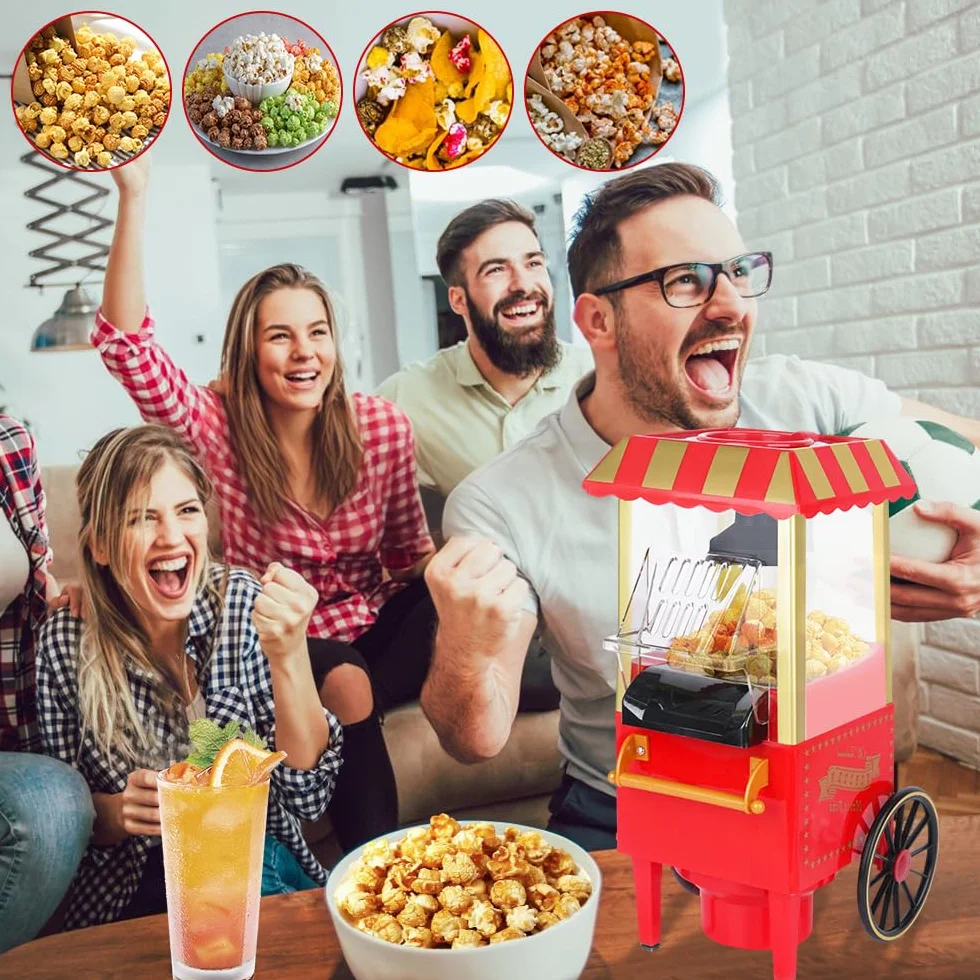 Maszyna do popcornu w stylu retro, na gorące powietrze, do beztłuszczowego i bezolejowego popcornu, zdrowa maszyna do popcornu do domu, czerwona, maszyna do popcornu bez oleju