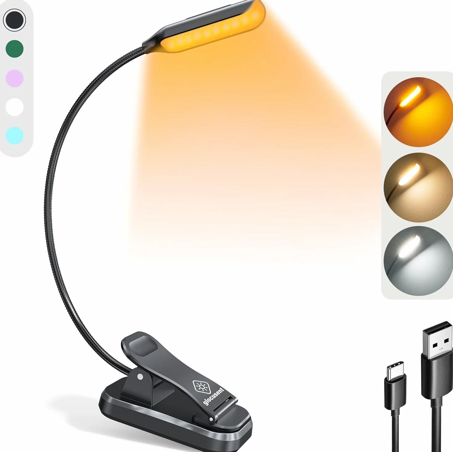 Glocusent Lampa do czytania z 10 diodami LED, lampka do czytania z klipsem, 3 kolory i 3 jasność, ładowanie USB-C i trwałość do 80 godzin, idealna dla miłośników książek, dzieci i podróżników