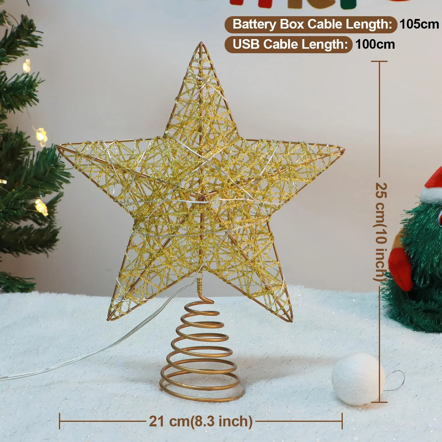 Ozdoba choinkowa, gwiazda, 25 cm, złoty drut, brokatowa ozdoba na choinkę z timerem, zasilanie bateryjne lub USB, 20 diod LED, złote ozdoby, wierzchołek choinki, dekoracja noworoczna, 25 cm