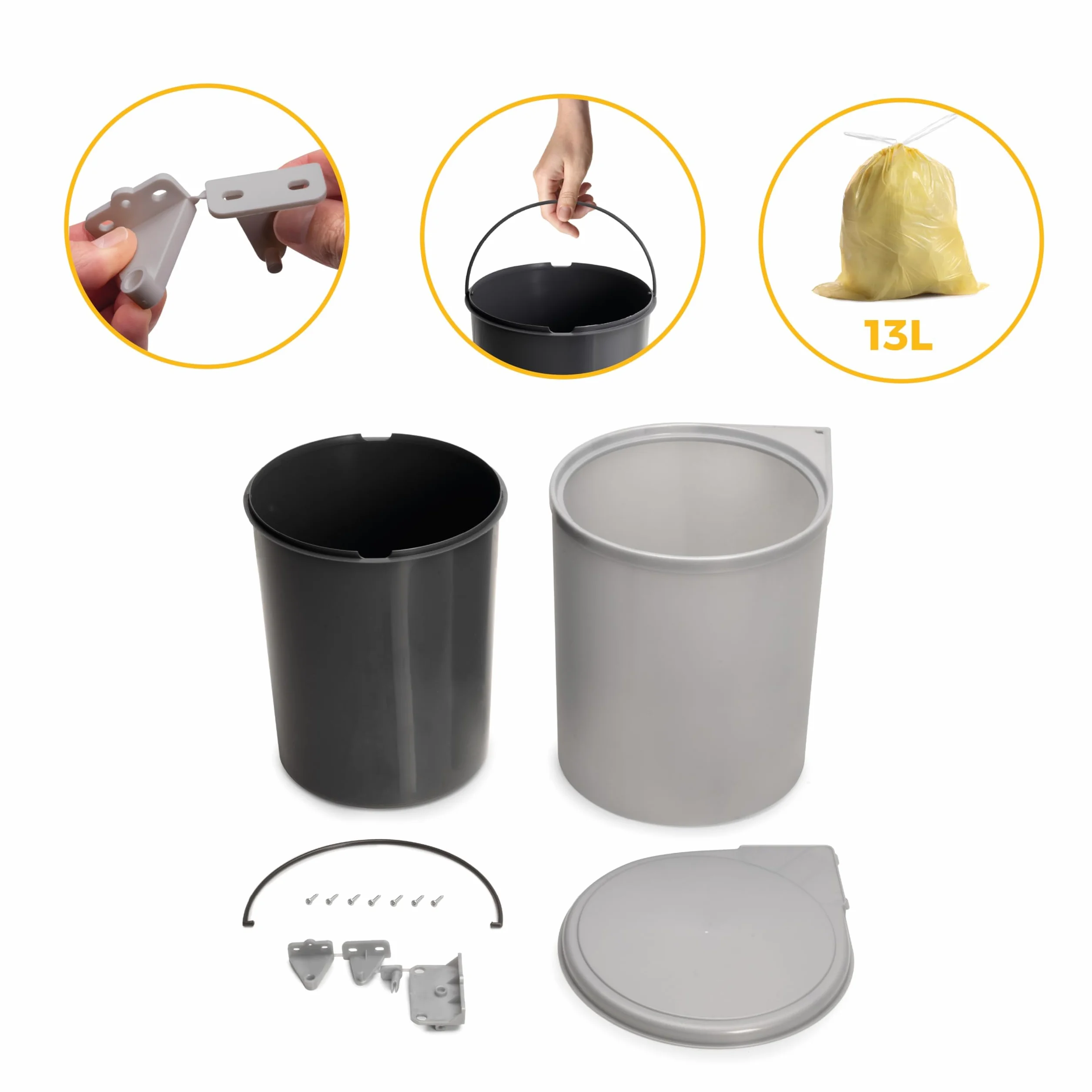 Emuca - Kosz na śmieci na drzwi szafy, kosz na recykling, pojemnik 13 L z automatycznym otwieraniem pokrywką i mocowaniem do drzwi, plastik, szary