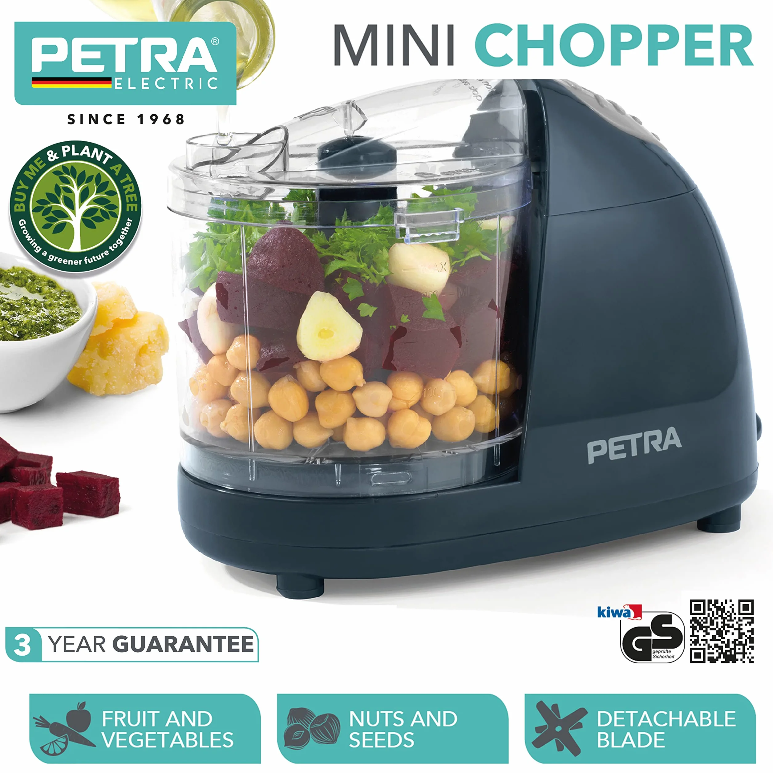Petra PT2182HEVDEEU10 Minirozdrabniacz Pro, odlaczane ostrze ze stali nierdz., 350 ml, przezroczysta misa, obsluga jednym przyciskiem, latwe czyszczenie, siekanie orzechów, owoców i warzyw, 150 W