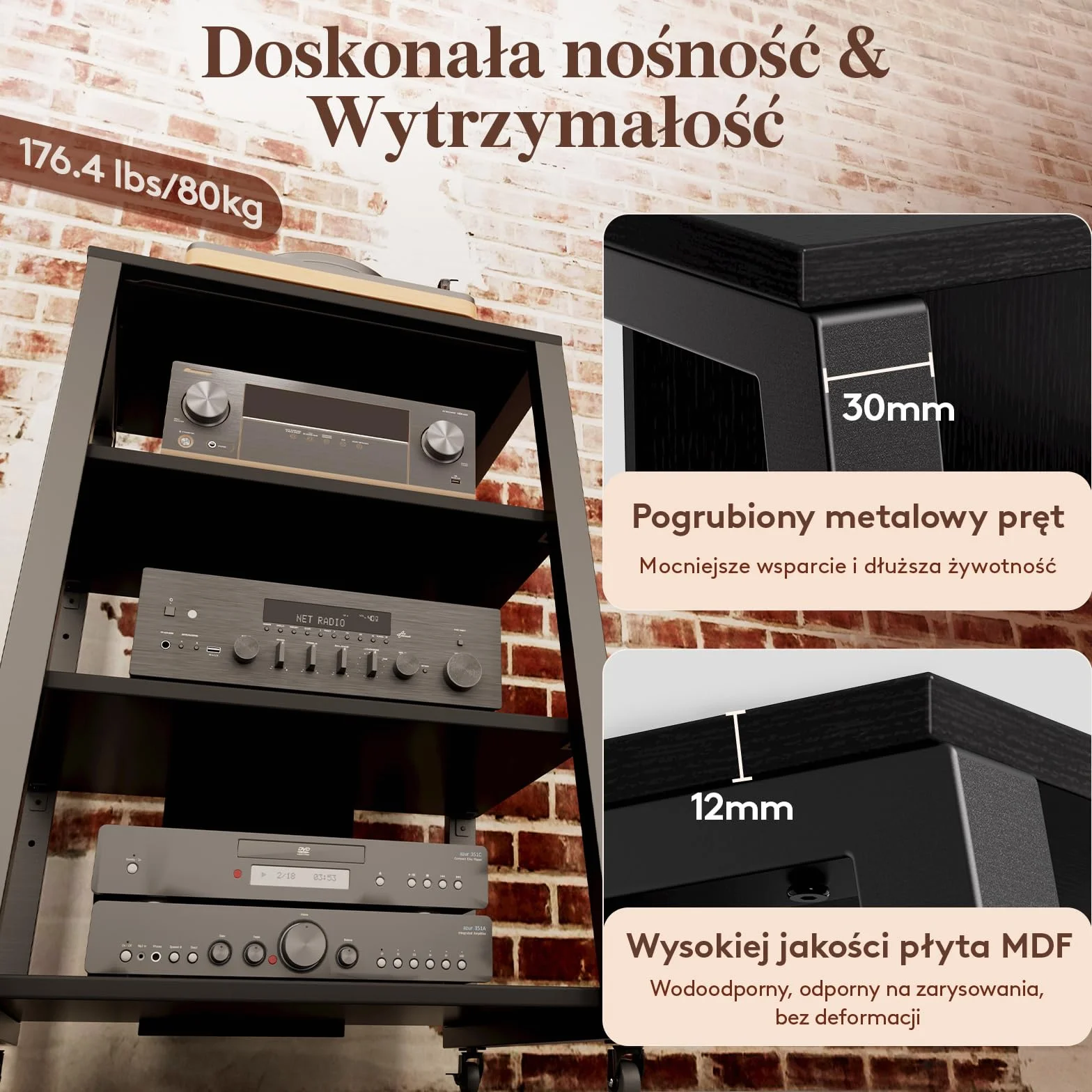 Lifewit 4-stopniowy regał HiFi z kółkami i regulowaną półką, stół gramofonowy z listwami zasilającymi i diodami LED, stojak na media AV, do salonu, 60 x 55 x 90 cm, rustykalny brąz