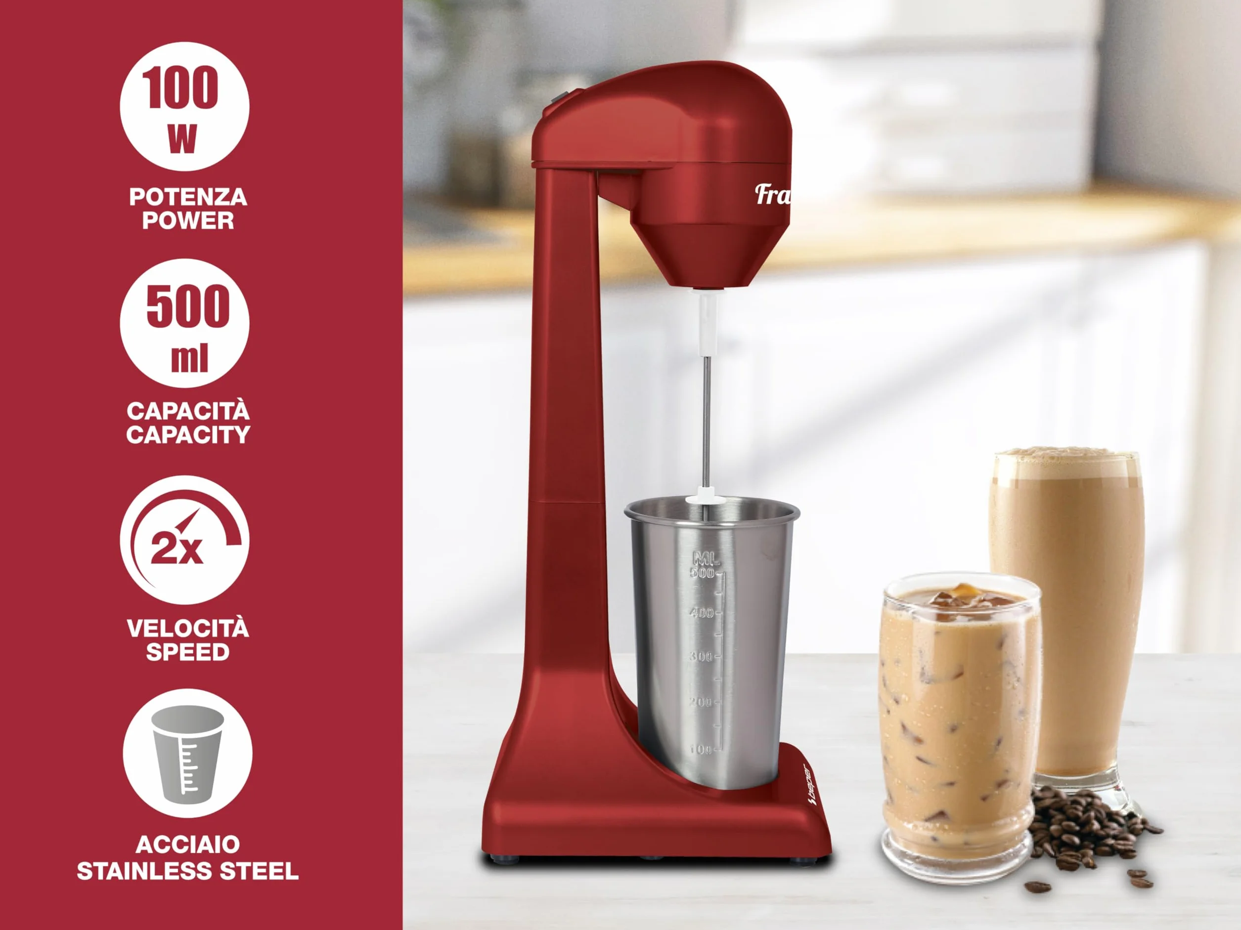 Beper - Elektryczny mikser stojący do koktajli mlecznych, frappé, smoothie i koktajli, 2 tryby, aluminiowy pojemnik 0,5 l, 100 W, srebrny