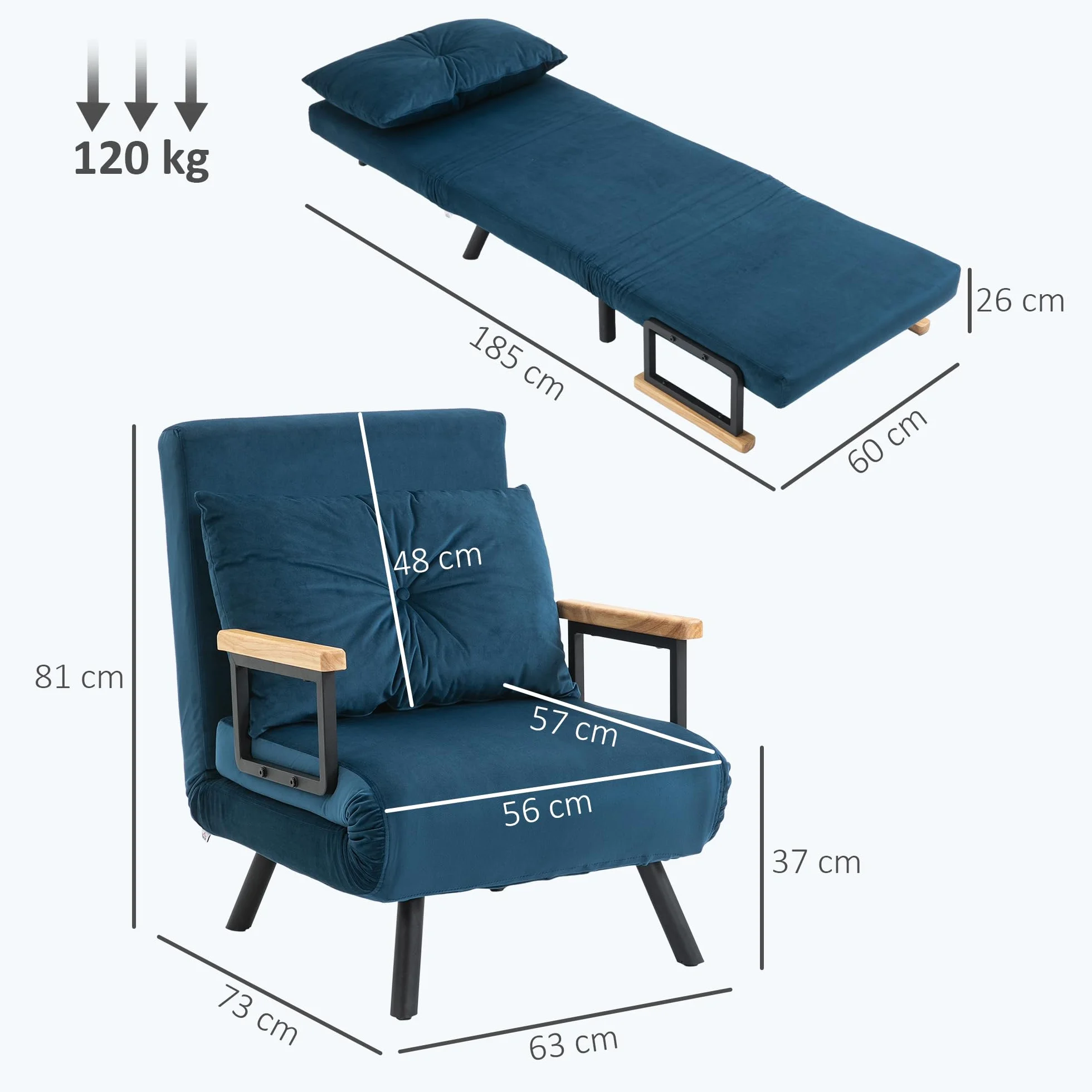 HOMCOM Fotel do spania, składany fotel do spania z funkcją łóżka, regulowane oparcie, poduszka dla gości, fotel relaksacyjny o aksamitnym wyglądzie, składany fotel do salonu, sypialni, 63 x 73 x 81 cm