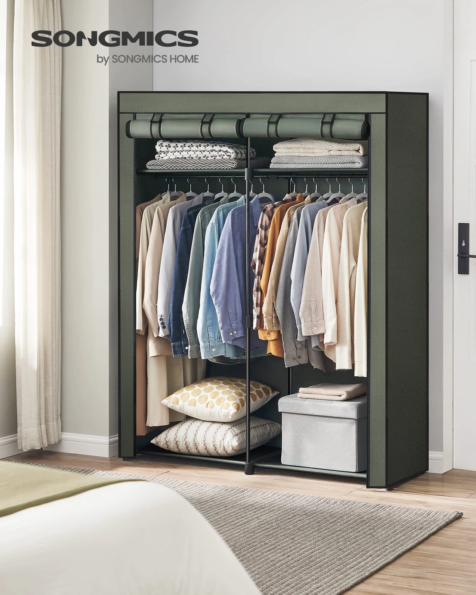 SONGMICS RYG002C02 Szafa na ubrania, garderoba z 2 drążkami na ubrania, szafa z materiału, wieszak na ubrania, składana, do garderoby, sypialni, 43 x 140 x 174 cm, czarna