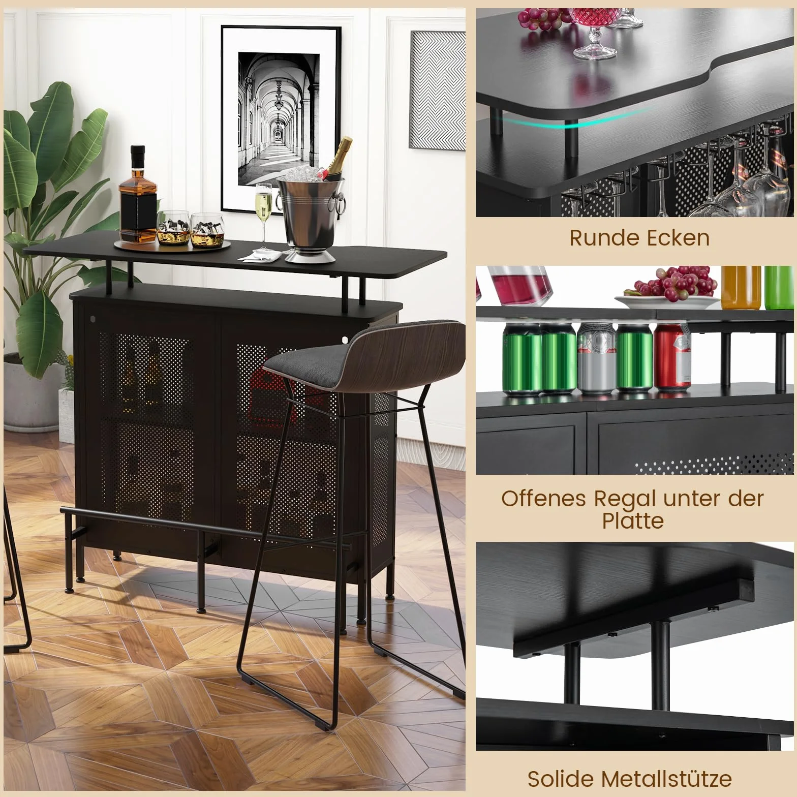 COSTWAY Stół barowy do kuchni, blat kuchenny z miejscem do przechowywania i podnóżkiem, blat z metalową ramą, regulowane nóżki, 120 x 50 x 106,5 cm, czarny, prostokątny