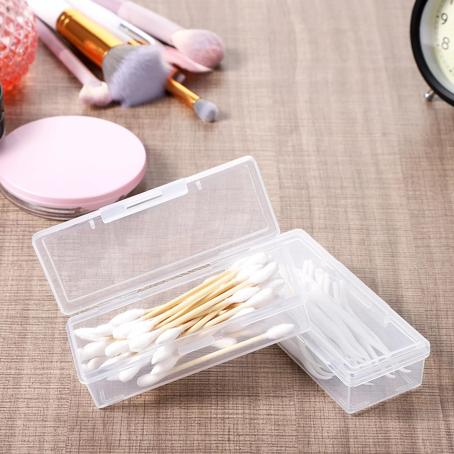 Przenośny podróżny uchwyt na waciki, 2 szt. przezroczysty plastikowy pojemnik do przechowywania wacików bawełnianych, małe etui na kostki do nici dentystycznej z pyłoszczelną pokrywką na gąbki do