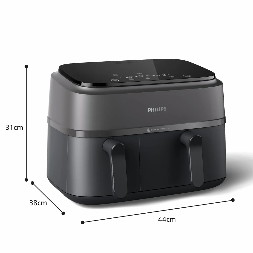 Philips Dual Basket AirFryer - zdrowe, szybkie i wszechstronne gotowanie, do pieczenia, gotowania i grillowania, duża pojemność 9 l, RapidAir, ekran dotykowy, konstrukcja z 2 szufladami (NA350/00)