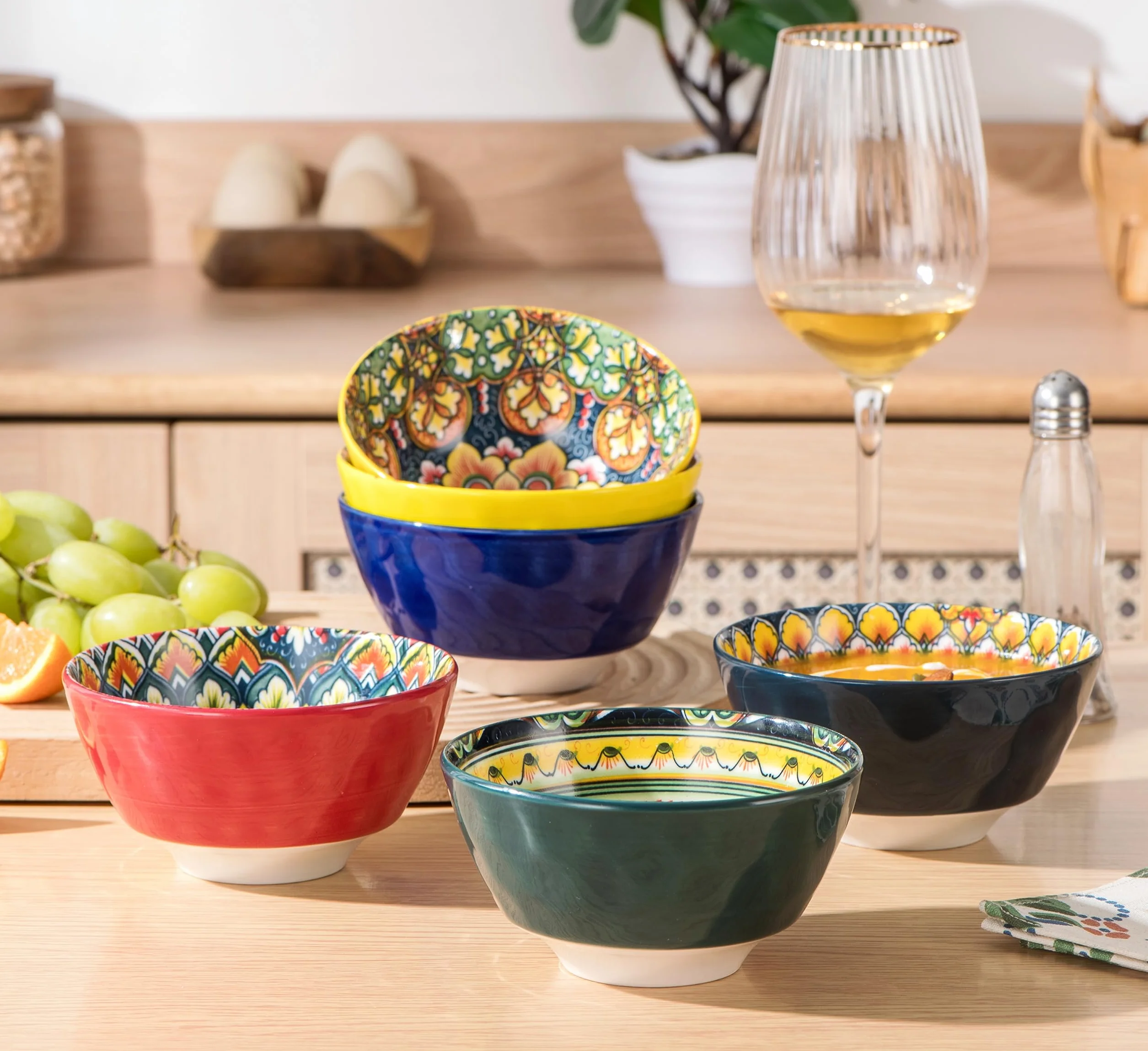Henten Home Miski do zupy, zestaw 6 porcelanowych misek, 350 ml, do serwowania potraw na deser, zupę, płatki kukurydziane, lody, serwis stołowy w stylu boho, wielokolorowe