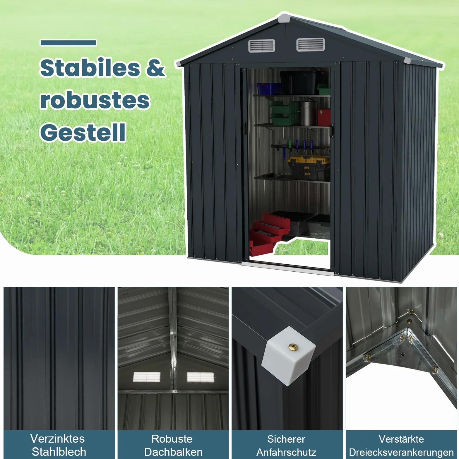 COSTWAY Domek ogrodowy metalowy, 182 x 129 x 197 cm | 3,25 m³, szopa ogrodowa z dachem dwuspadowym i 2 drzwiami przesuwnymi, szopa na narzędzia z zamkiem, domek ogrodowy, szopa ogrodowa na zewnątrz