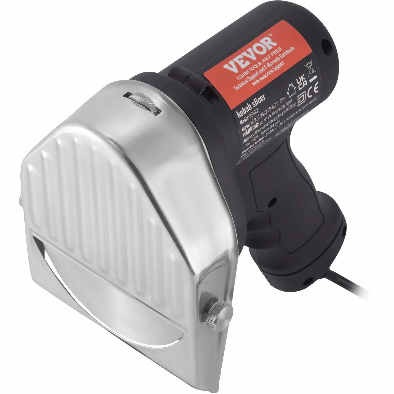 VEVOR Elektryczny nóż do kebabu 80 W, turecka krajalnica do mięsa Shawarma Döner Kebab ze stali nierdzewnej, z 2 ostrzami o średnicy 100 mm, regulowana grubość 0–8 mm, do restauracji, baru