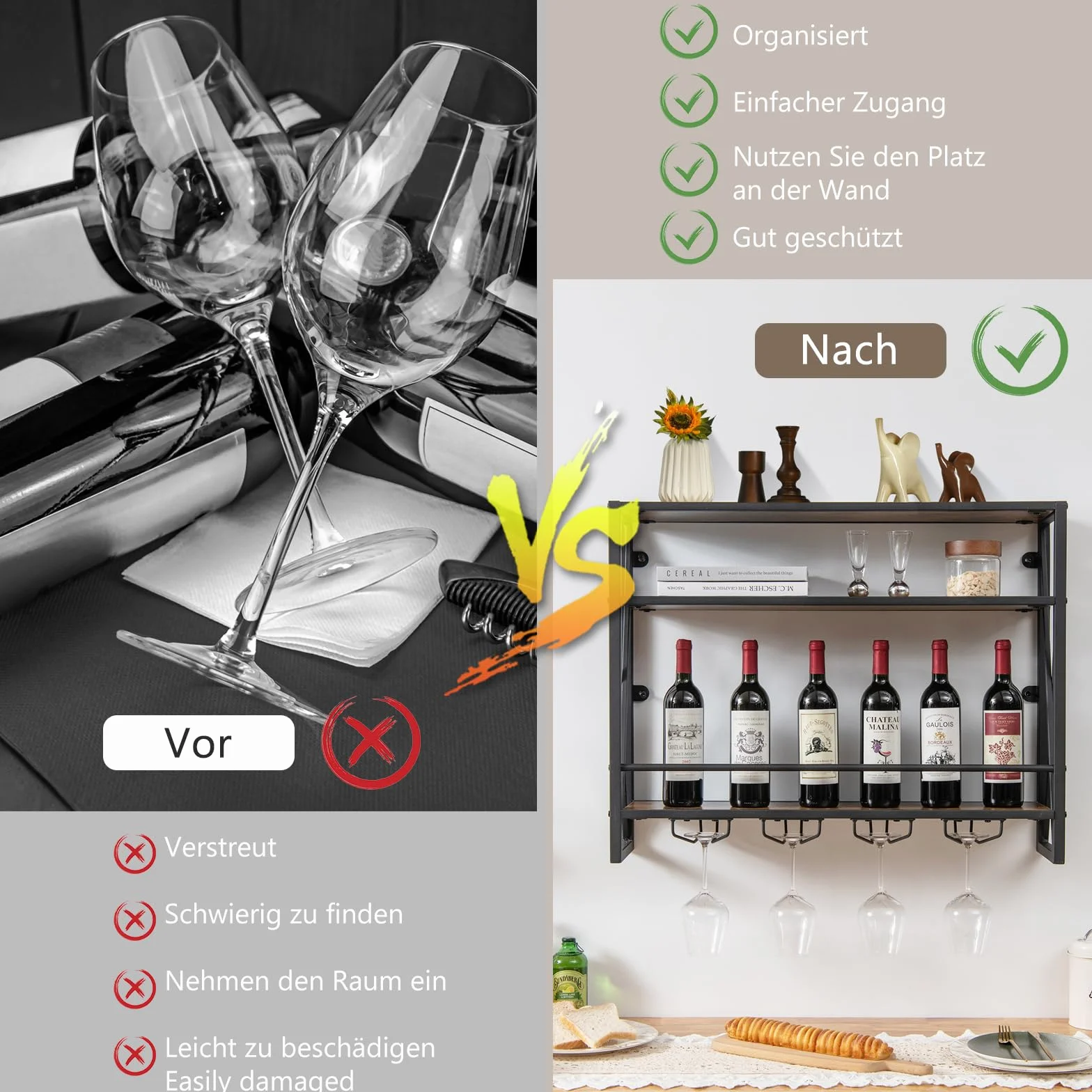 GOPLUS Regał na wino na ścianie z uchwytem na szklanki, regał na ścianie, regał na butelki z metalową podstawą, uchwyt na butelki, uchwyt na wino do kuchni i salonu (brązowy, 80 × 20 × 63 cm)
