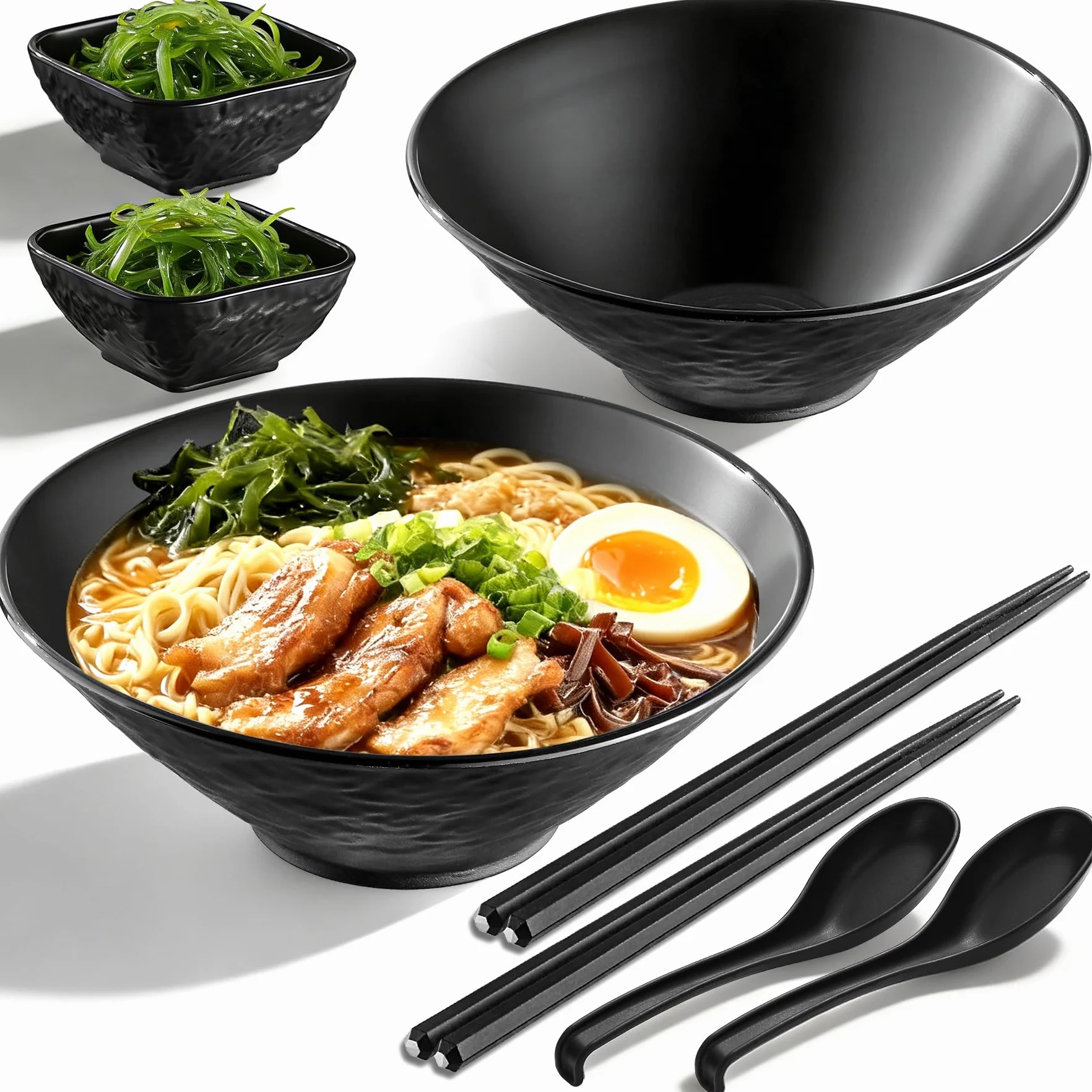Zestaw misek do Ramen Berglander 40 uncji z 2 miskami do doprzań, pałeczkami, łyżkami, niełamliwe japońskie plastikowe miski na makaron do zupy na azjatycką zupę Pho, Tajską Miso, Udon, Wonton