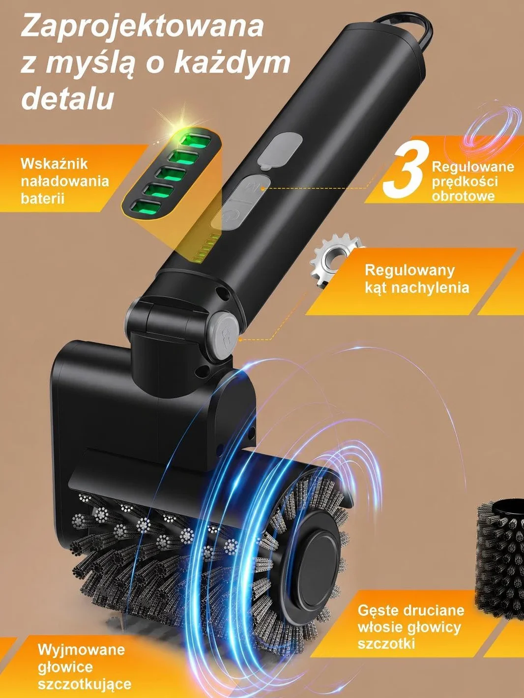 Elektryczna szczotka do grilla z 3-stopniową regulacją mocy, akumulatorowa i bezprzewodowa szczotka do czyszczenia grilli zewnętrznych; w zestawie 2 wymienne głowice oraz nakładka szorująca