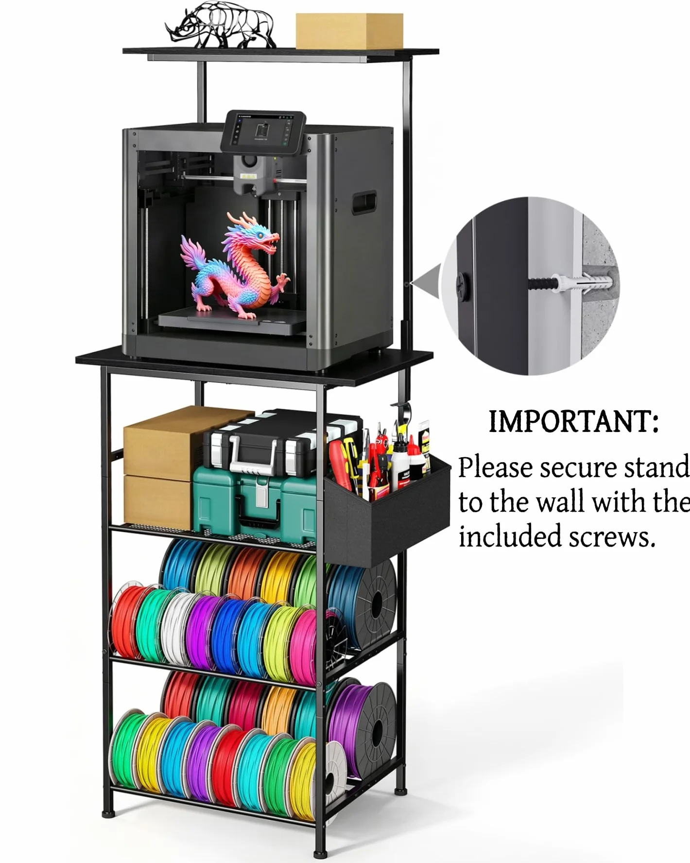 Stolik do drukarki 3D, 5-poziomowy stojak na drukarkę, metalowa szafka na drukarkę z miejscem na filament i kieszenią boczną, regał na drukarkę do mocowania na ścianie, do biura, domu, szkoły