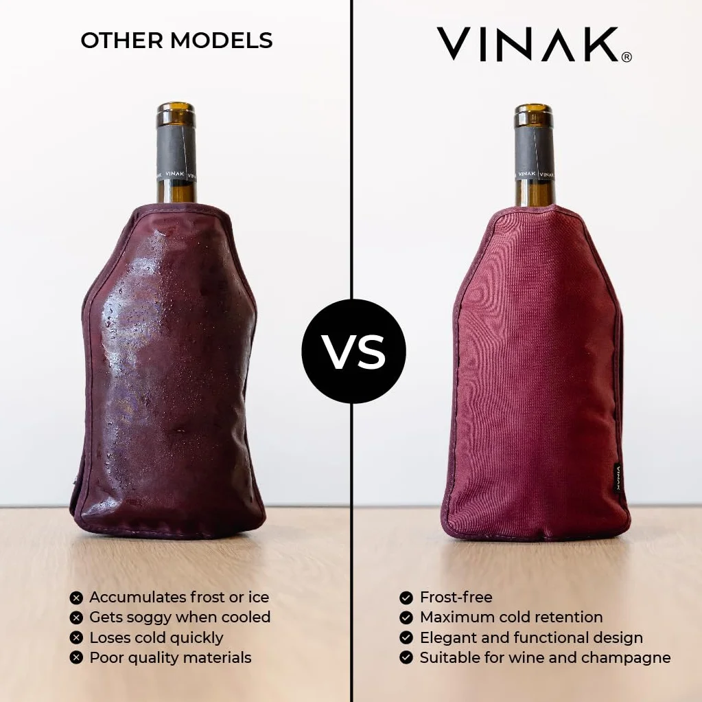 VINAK - Pokrowiec chłodzący do wina XPERT | Szybkie chłodzenie z żelem no-frost | 5 warstw izolacji | Uniwersalny do butelek 65-95mm | Elastyczna taśma antypoślizgowa (Bordowy)