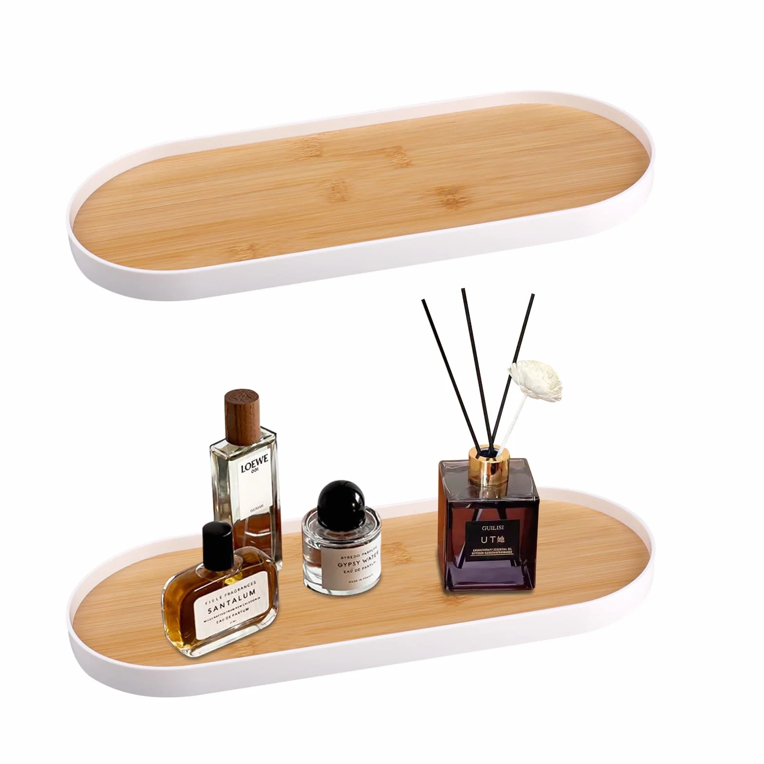 2 szt. drewnianych tacek, owalna taca kosmetyczna, dekoracyjna taca łazienkowa na kosmetyki, biżuterię, perfumy, świece i desery, taca do kawy (30 x 12 cm), biała krawędź