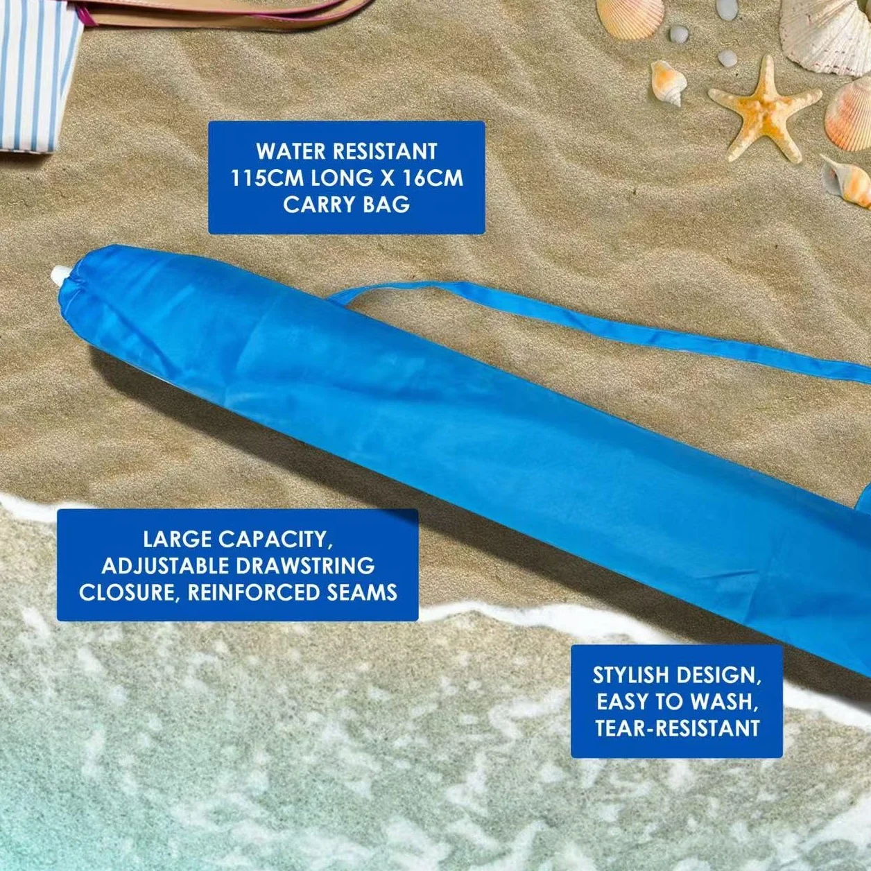 Pokrowiec na parasol plażowy z wytrzymałym uchwytem. Pokrowiec na parasol plażowy z niebieską rączką. Akcesorium uzupełniające lub zamienne do parasoli plażowych.