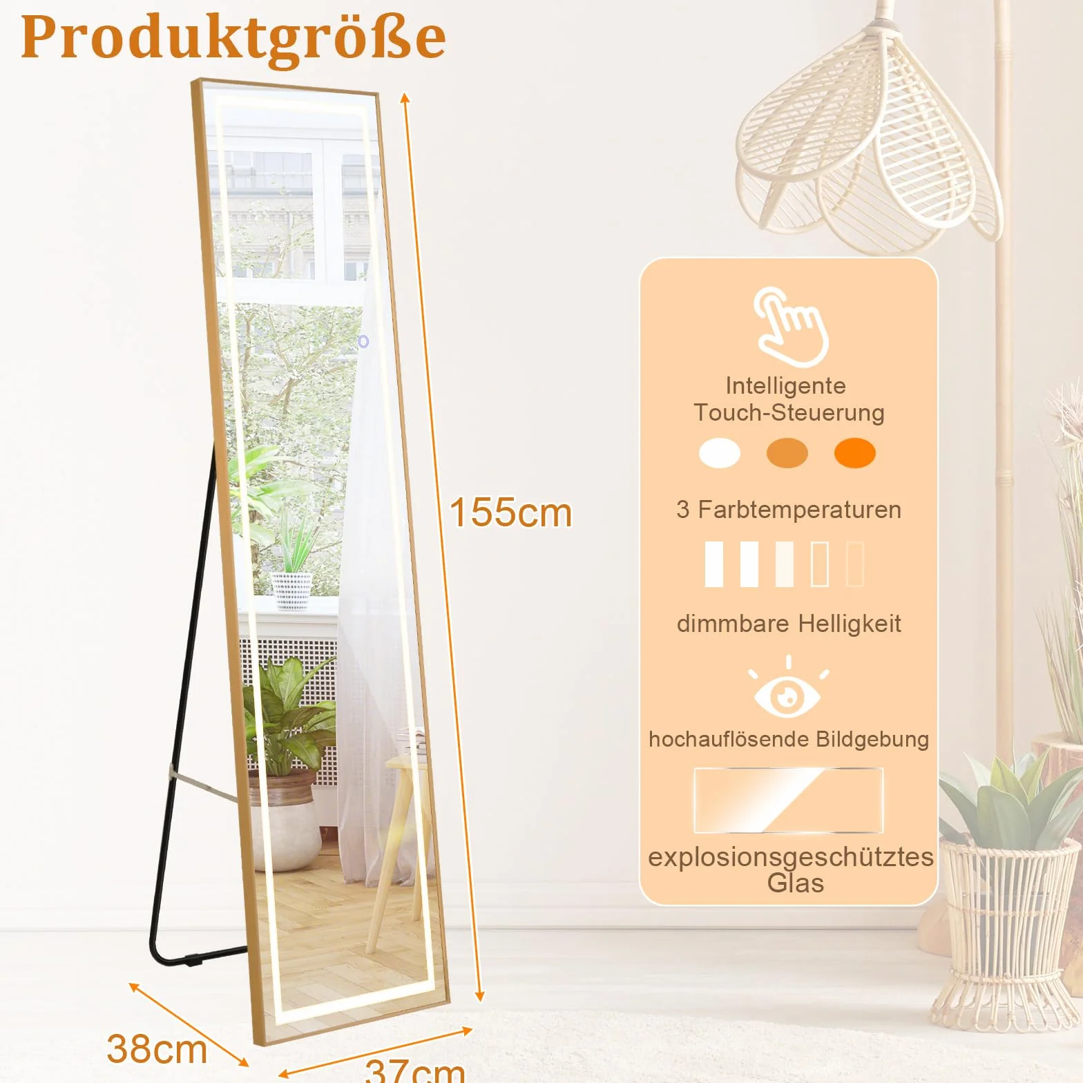 COSTWAY Lustro stojące 2 w 1 z oświetleniem LED, 3 kolory światła, możliwość ściemniania, lustro garderobiane ze złotą ramą aluminiową, do korytarza, sypialni, salonu