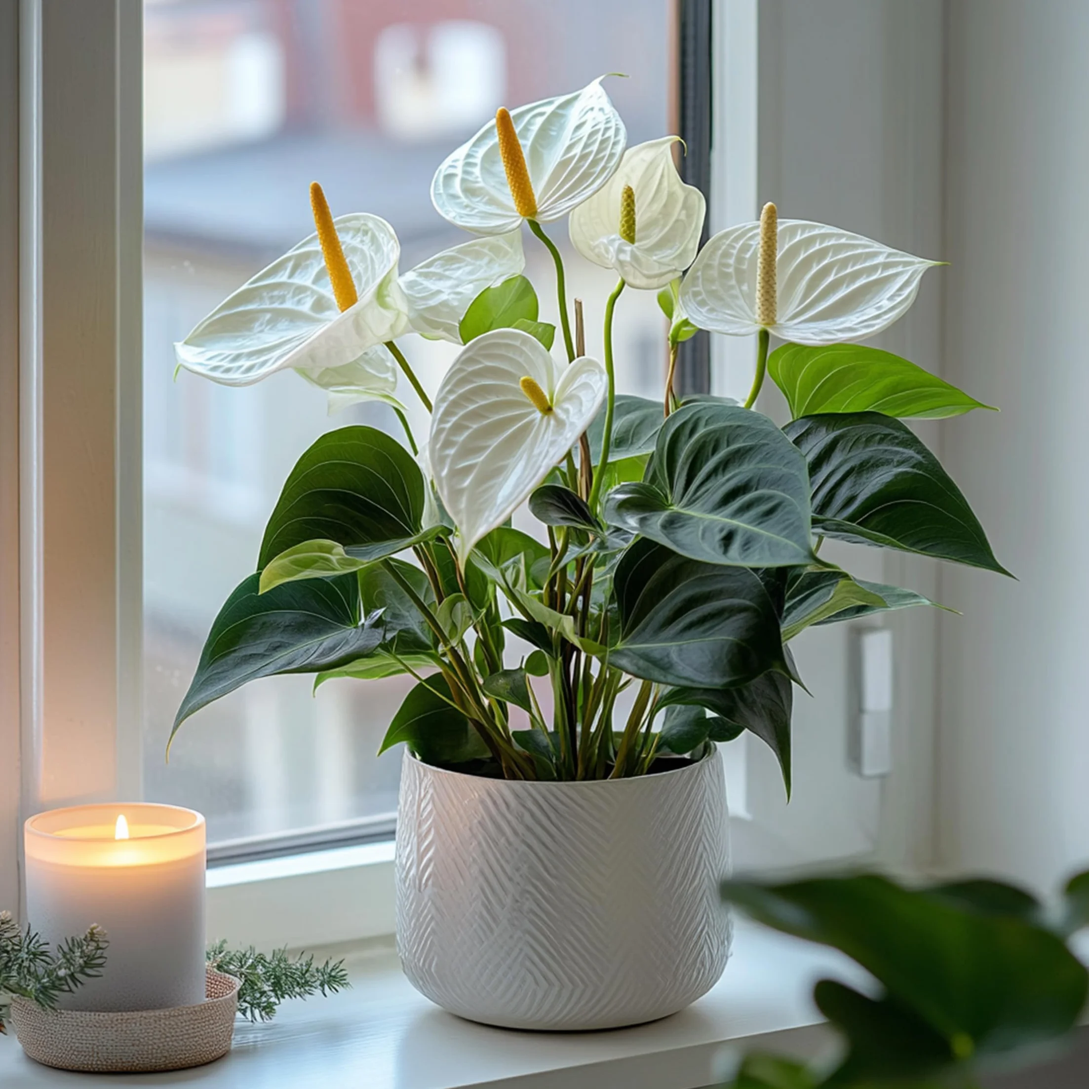 Plant in a Box - Biały anthurium - Zestaw 1 - Anthurium 'Alpine White' - Wysokość 40-55cm - ø 14cm - Roślina doniczkowa kwitnąca - Biały