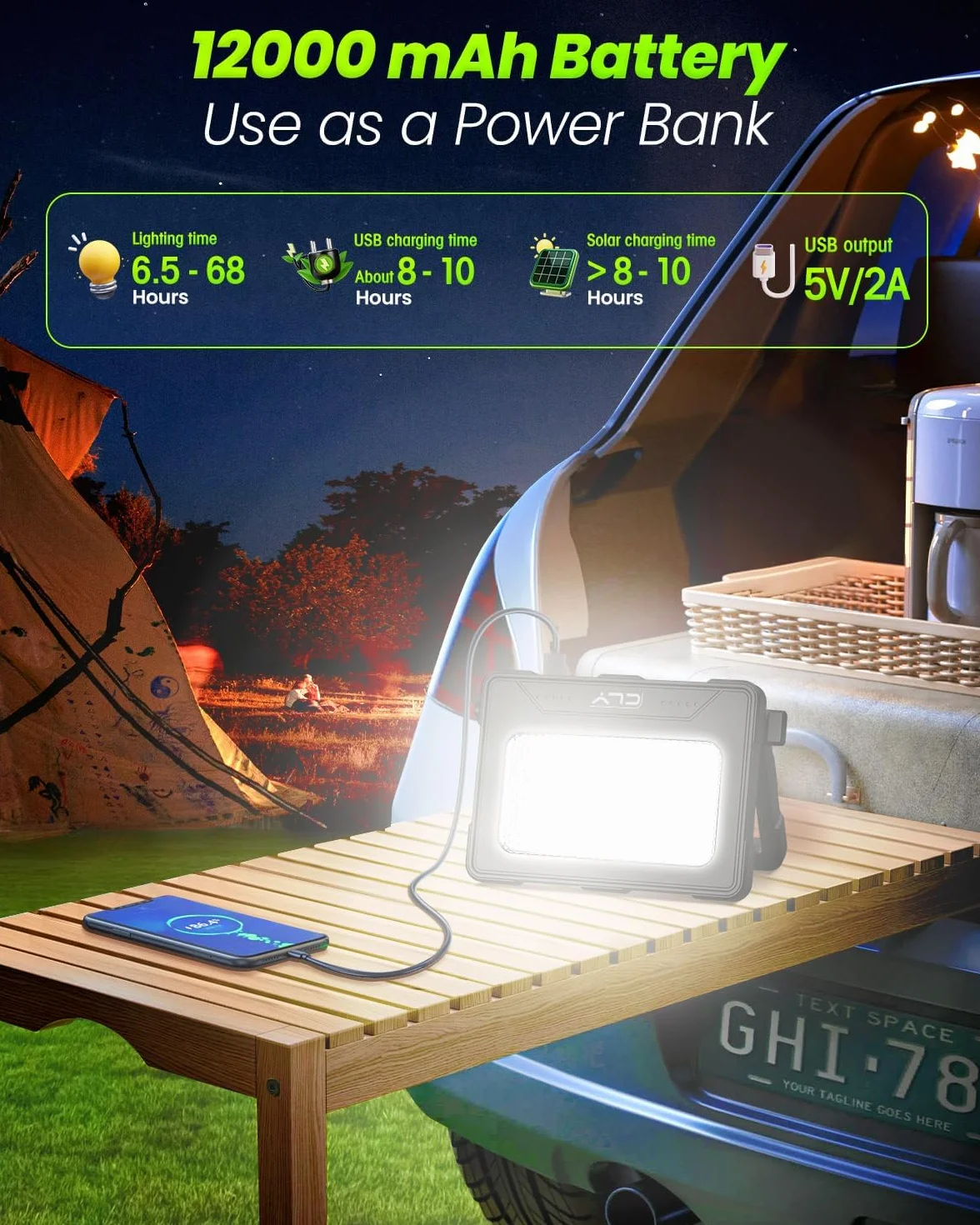 CLV Ładowalny reflektor LED USB 60 W 12000 MAH Przenośny magnetyczny reflektor budowlany 4 tryby oświetlenia i 5 poziomów jasności Awaryjna bateria zewnętrzna z panelem słonecznym na kemping
