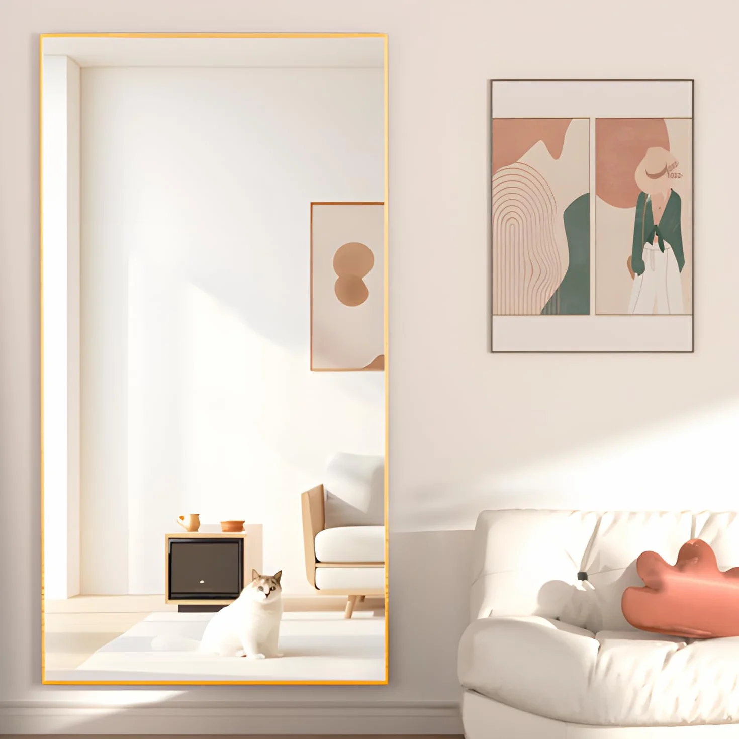 Lustro stojące, 193 x 86 cm, podłoga przy ścianie, do sypialni, rama ze stopu aluminium, wiszące lub pochylane, lustra na całe ciało, do sypialni, salonu, złote