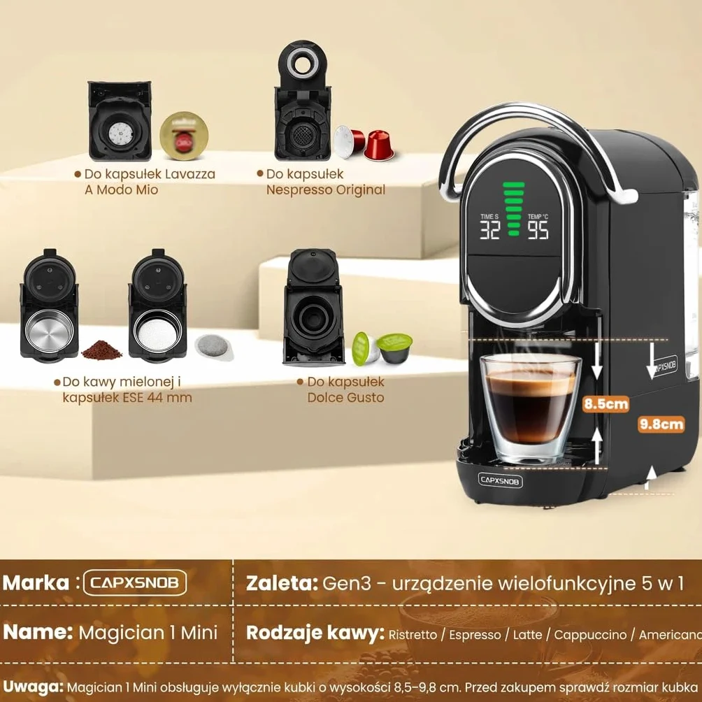 Magician1 Mini Multikapsułkowy Ekspres do kawy 5 w 1, do Nespresso, Dolce Gusto, Lavazza A Modo Mio, Saszetki ESE 44mm i Kawy Mielonej, 20 Barów Włoska Pompa,1450W, Wyświetlacz LED, do Domu i Biura